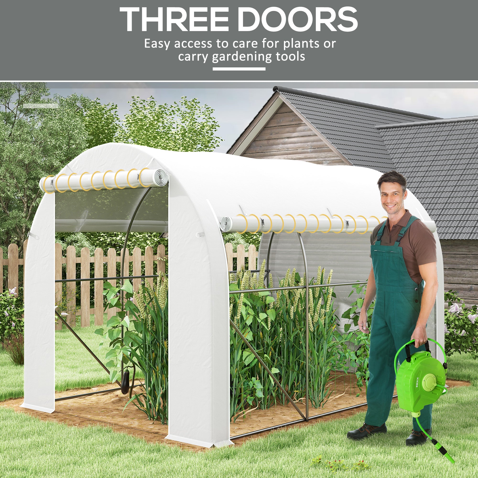Outsunny 296 x 196cm Steel Frame Polytunnel Greenhouse - White