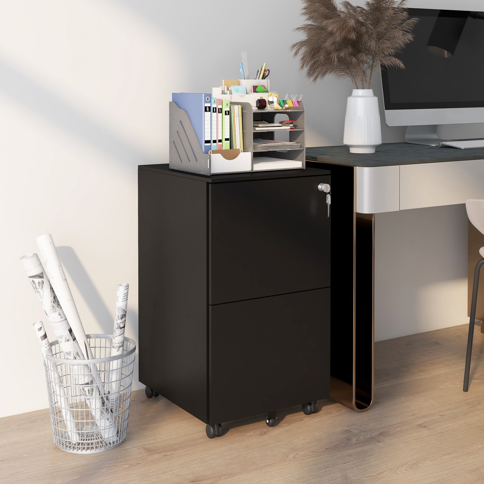 Vinsetto 2-Drawer Vertical Filing Cabinet with Lock and 5 Wheels, Steel Mobile File Cabinet, for A4, Legal and Letter Size, Pre-Assembled Body, Black - North Peak Garden Furniture