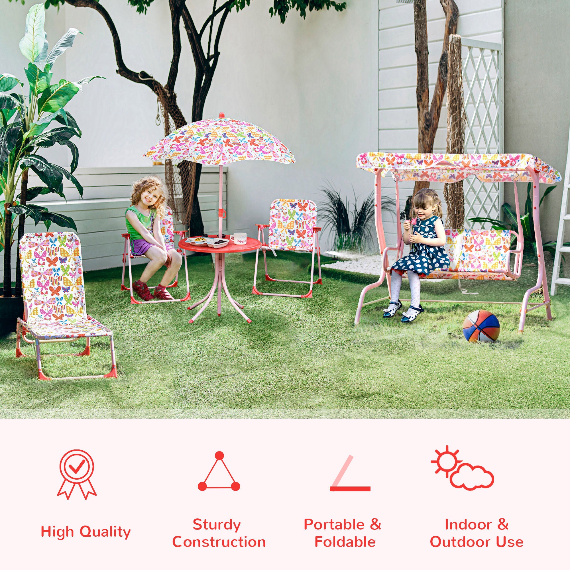 Outsunny Kids Outdoor Bistro Table and Chair Set Butterfly Pattern Garden Patio Backyard with Removable & Height Adjustable Parasol - North Peak Garden Furniture
