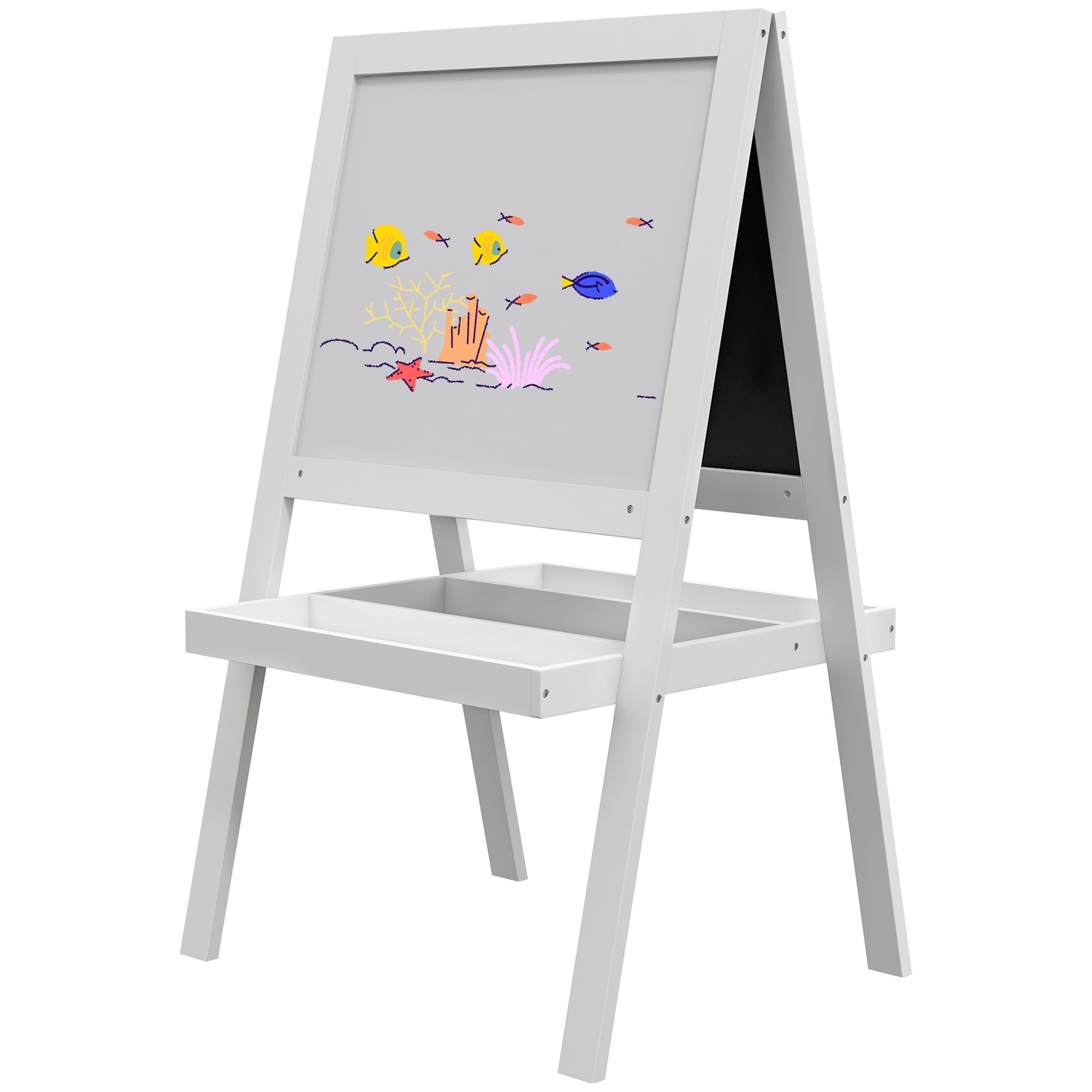 AIYAPLAY Kids Easel, Art Easel with Double Sided Whiteboard, Chalkboard, Storage, 2 in 1 Standing Easel for Toddlers 18-48 Months, White