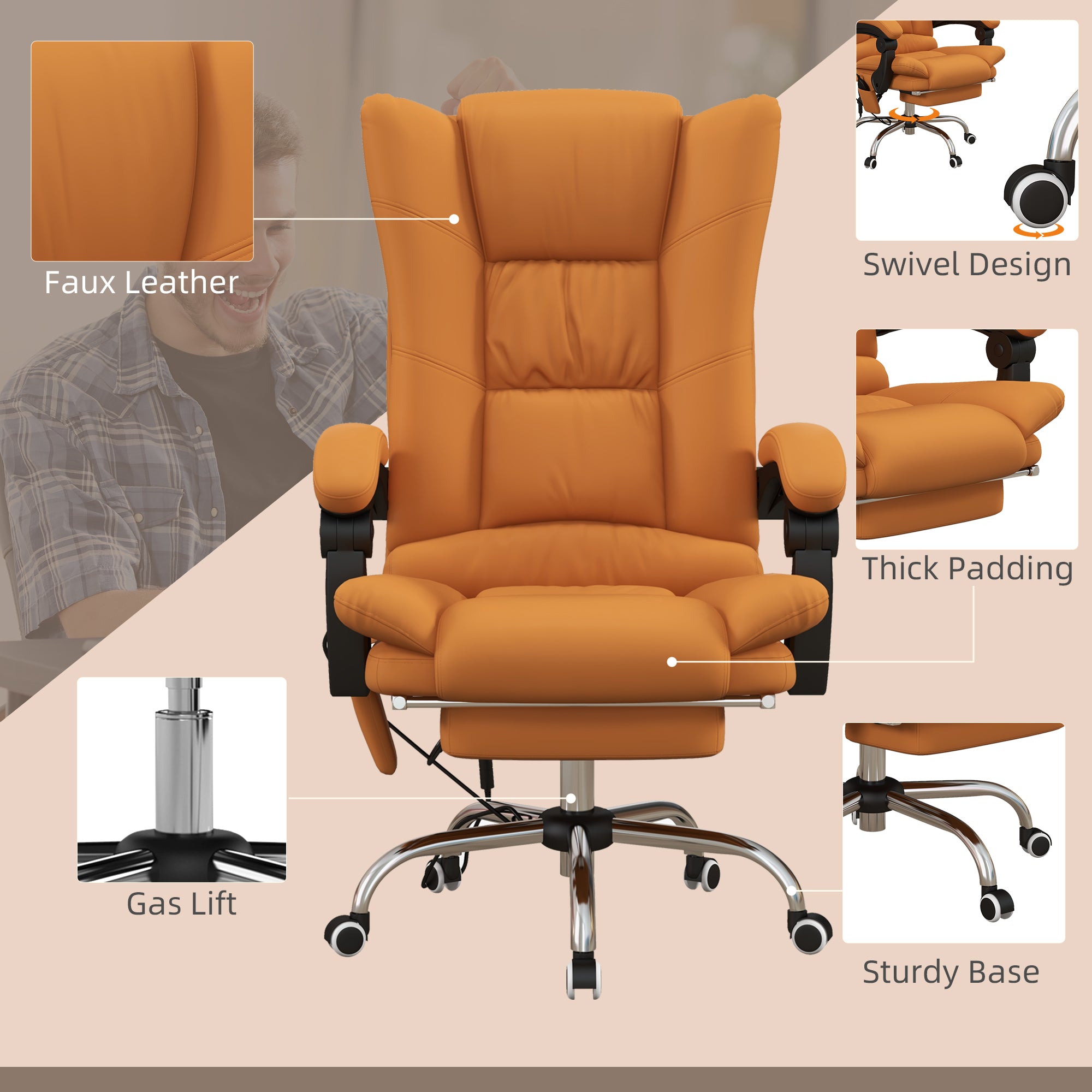 Vinsetto Office Chair, Ergonomic Desk Chair with 4-Point Vibration Massage and Lumbar Heating, PU Leather Computer Chair with 135° Reclining Back and Footrest, Orange