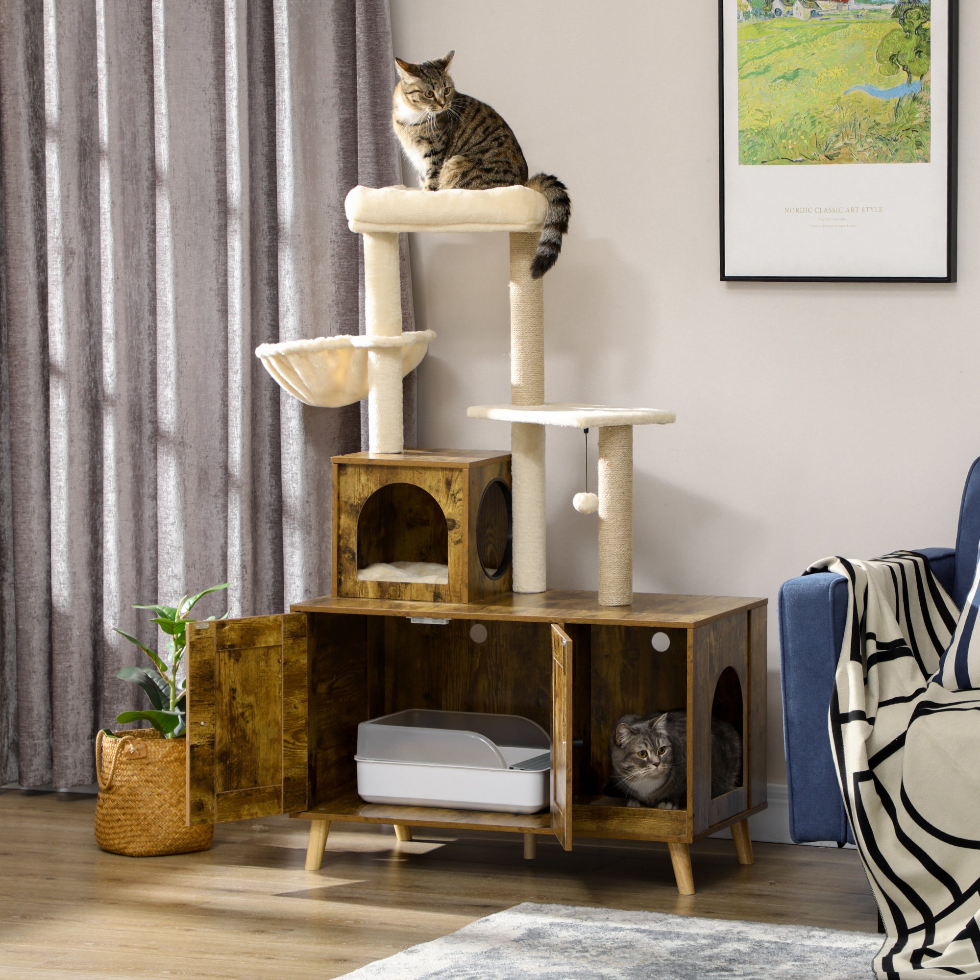 PawHut Cat Litter Box Enclosure, with Tree Tower, Cat House, Hammock, Cushion - Rustic Brown - North Peak Garden Furniture