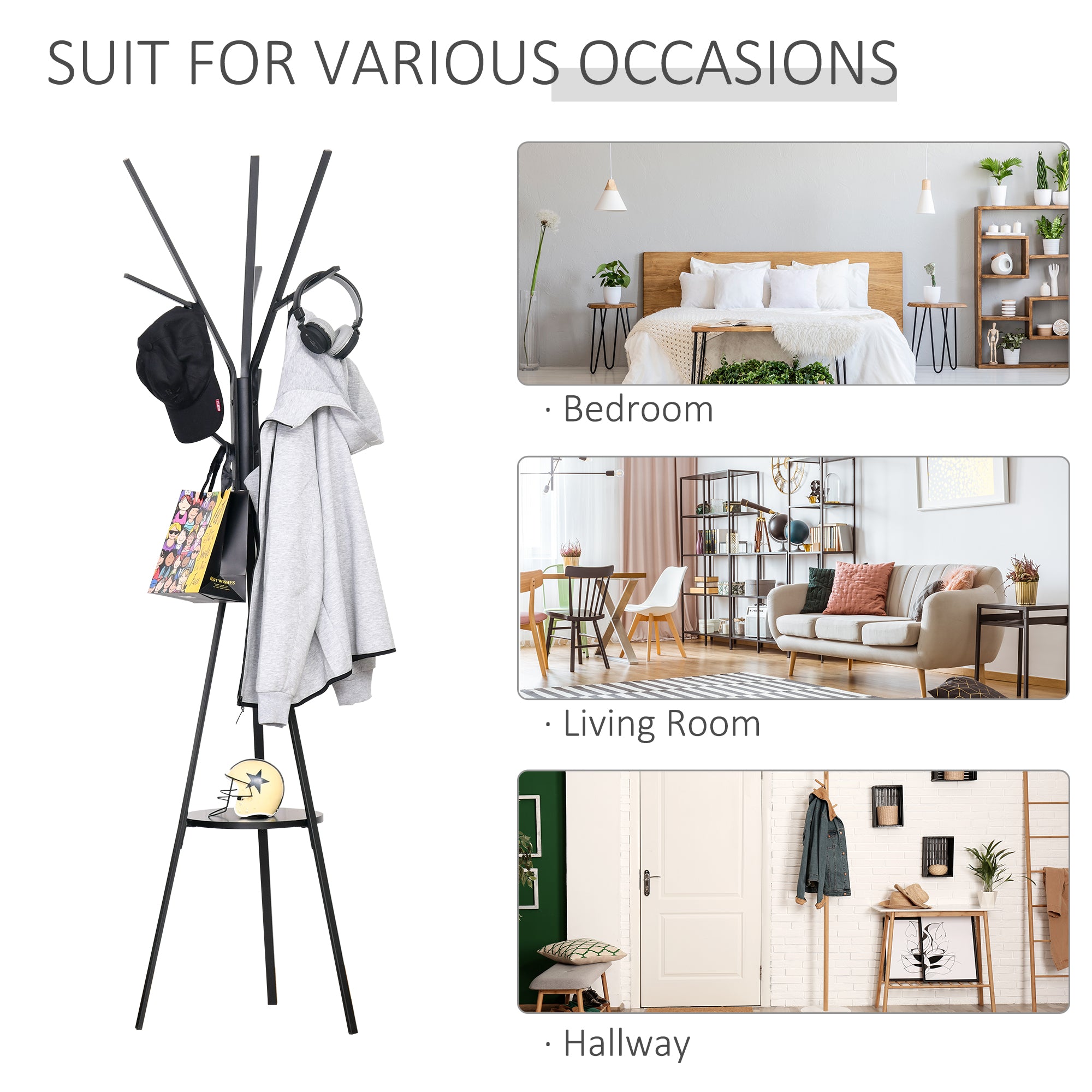HOMCOM Freestanding Metal Coat Rack Stand 9 Hooks Clothes Tree with 1 Shelf Hat Display Hall Tree Hanger Bag Umbrella Hanging Organiser Black - North Peak Garden Furniture