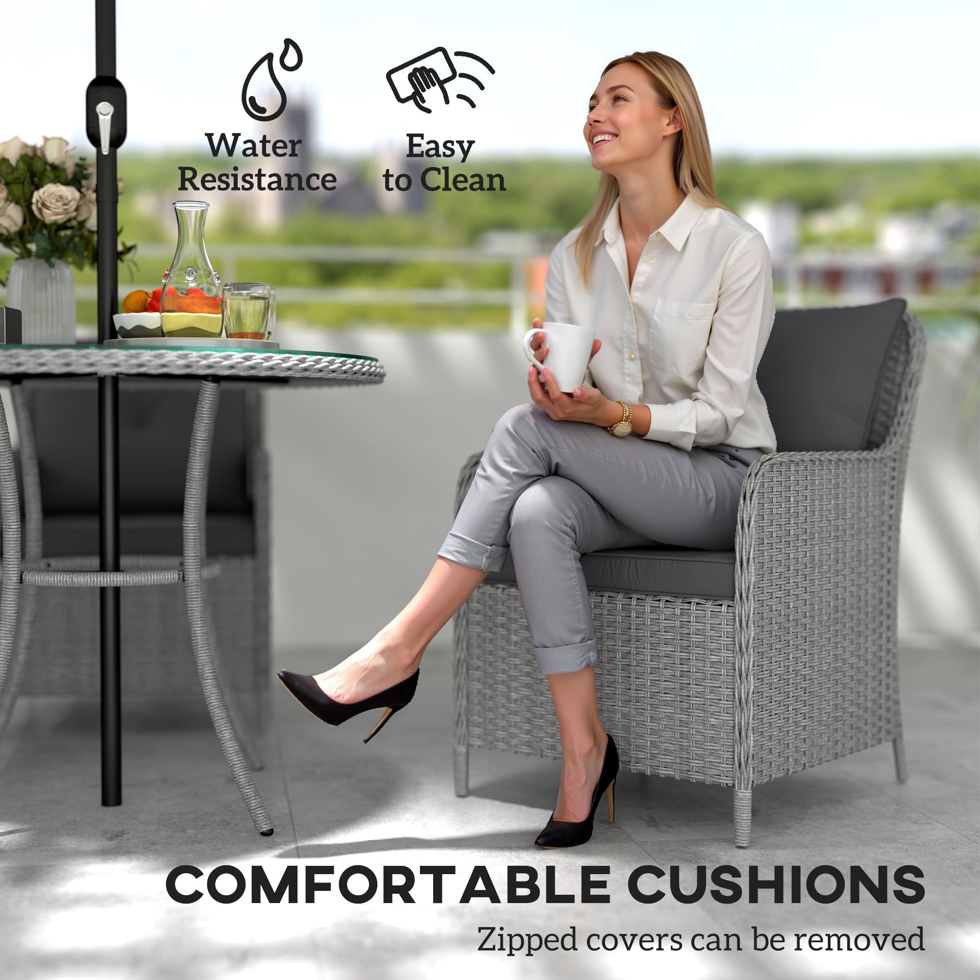 Outsunny 4 Seater Rattan Dining Set with Parasol & Cushions - Light Grey - North Peak Garden Furniture