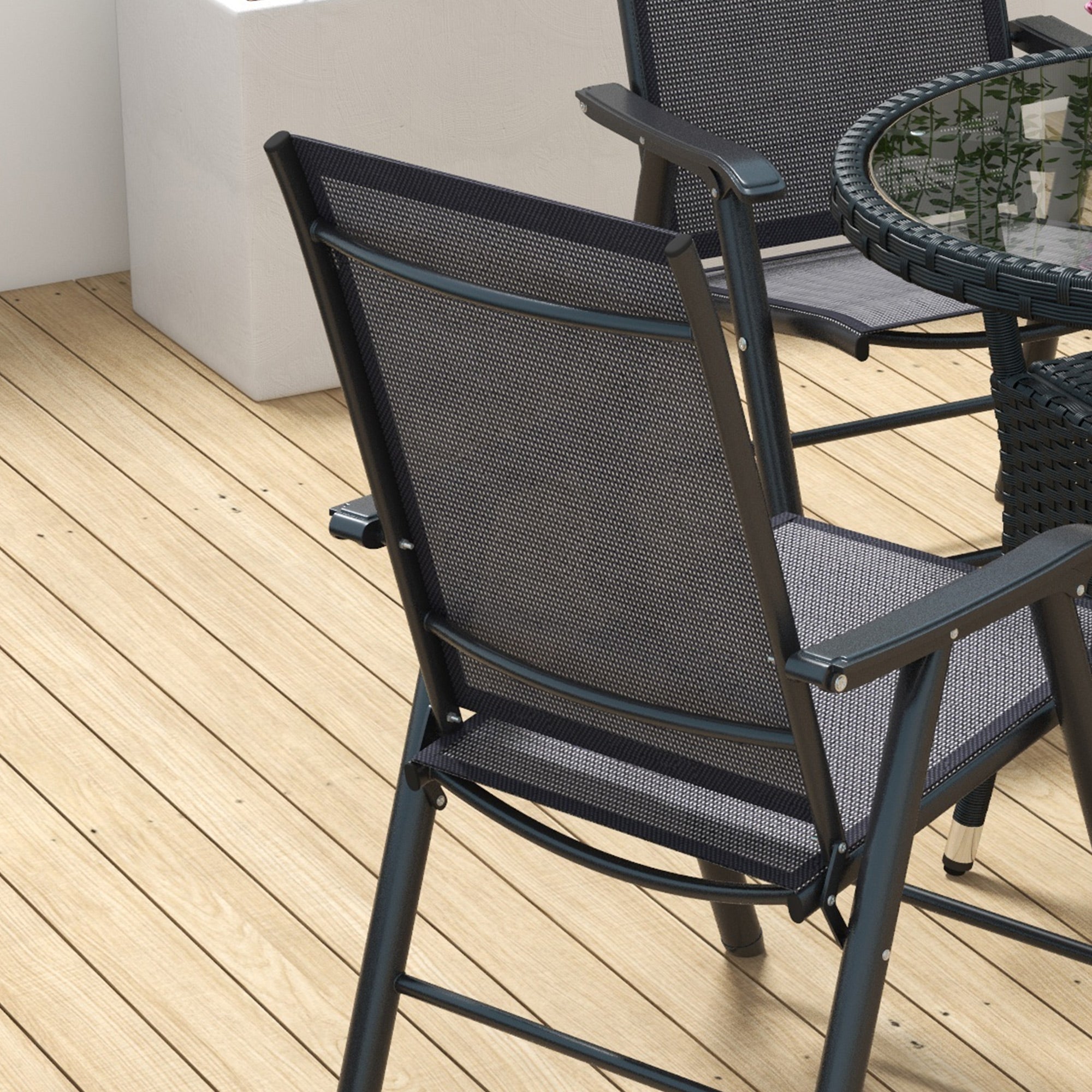 Outsunny Set of 4 Folding Garden Chairs, Metal Frame Garden Chairs Outdoor Patio Park Dining Seat with Breathable Mesh Seat, Dark Grey - North Peak Garden Furniture