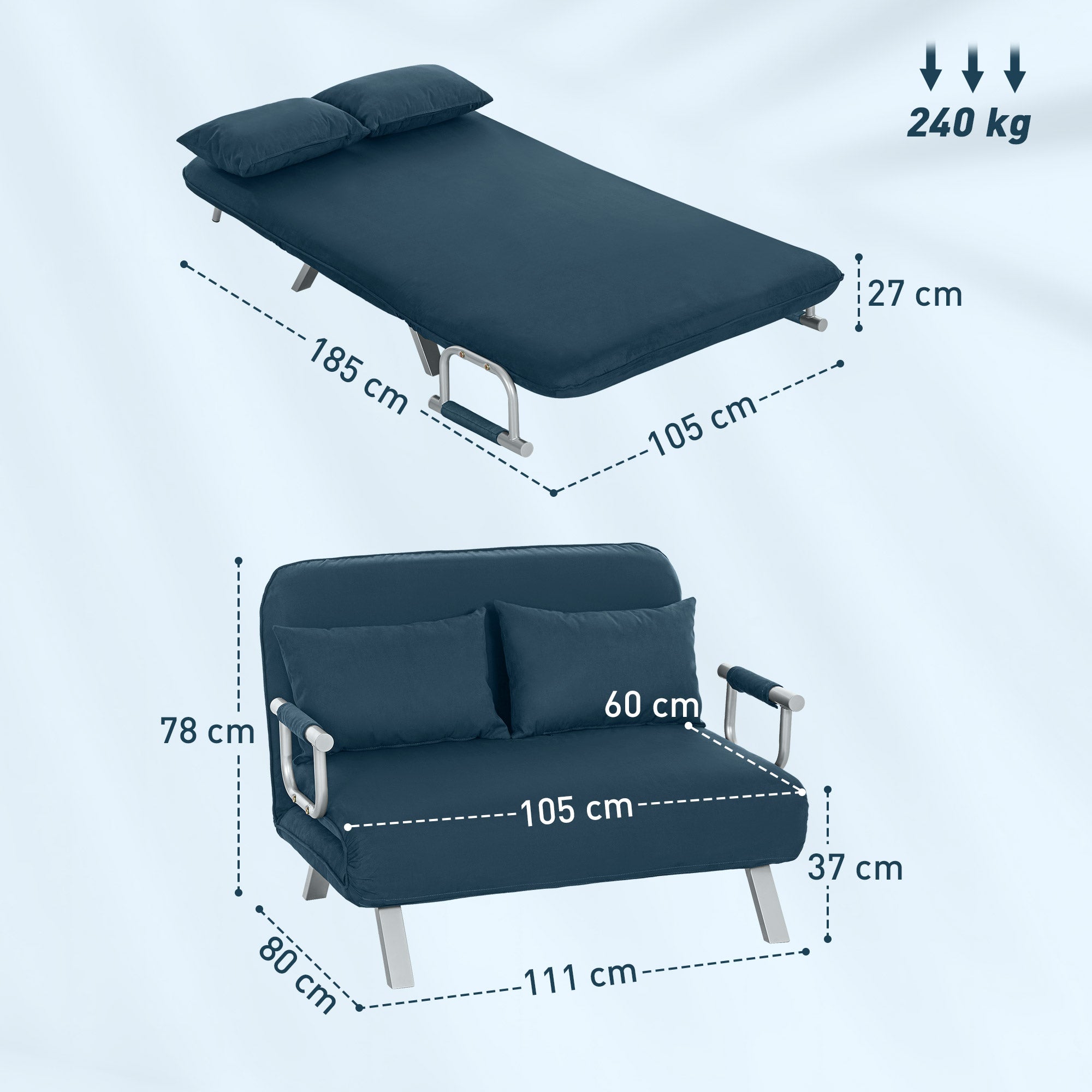 HOMCOM Two-Seater Click-Clack Sofa Bed - Navy Blue
