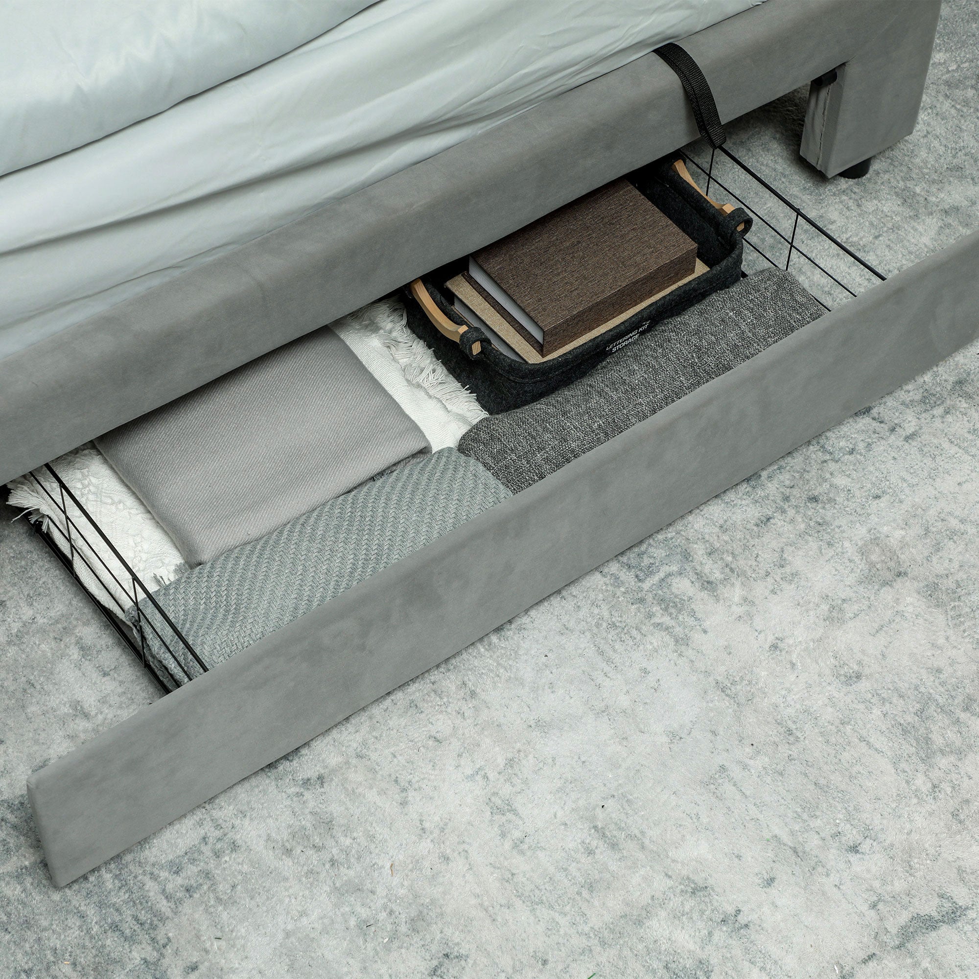 HOMCOM King Size Ottoman Bed Frame, with Front Drawer - Grey - North Peak Garden Furniture