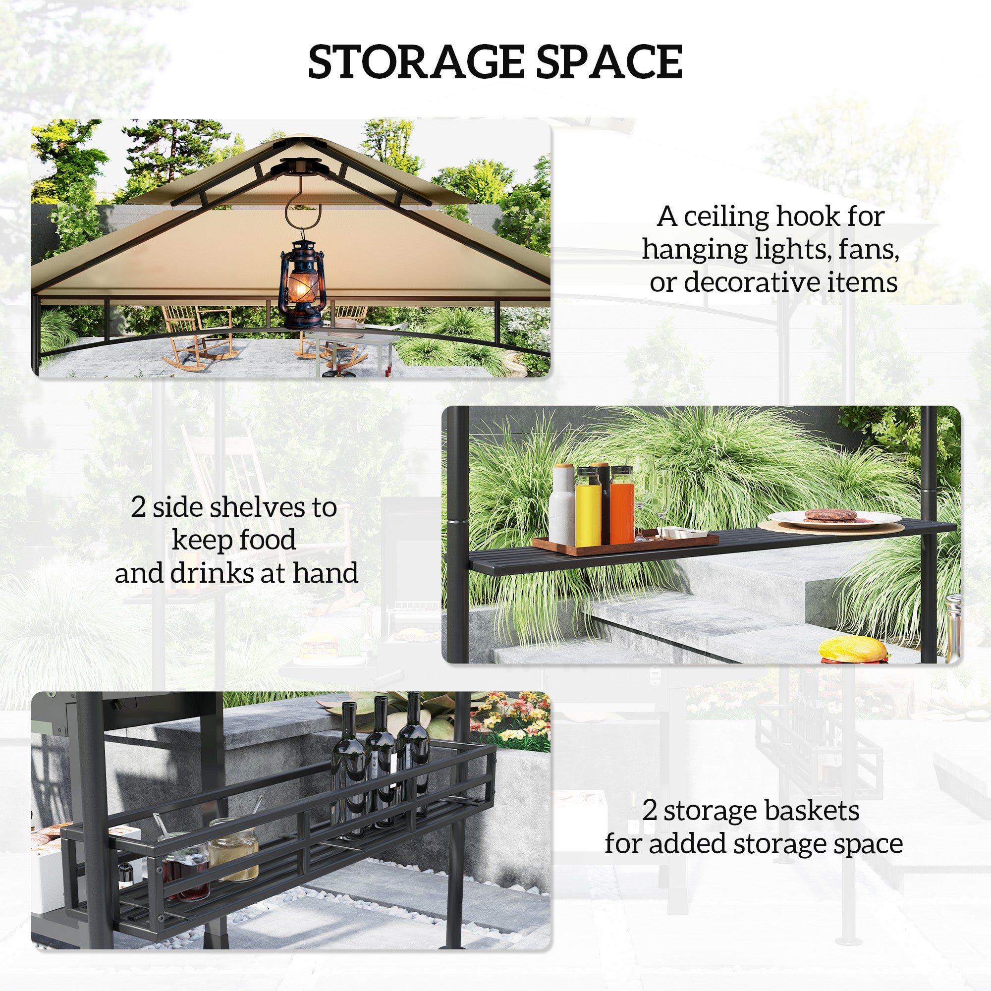 Outsunny 8' x 5' Grill Gazebo Canopy, Double Tiered Outdoor BBQ Gazebo Shelter with 2 Side Shelves, Storage Baskets, Hook for Garden, Patio, Barbecue, Picnic, Beige - North Peak Garden Furniture