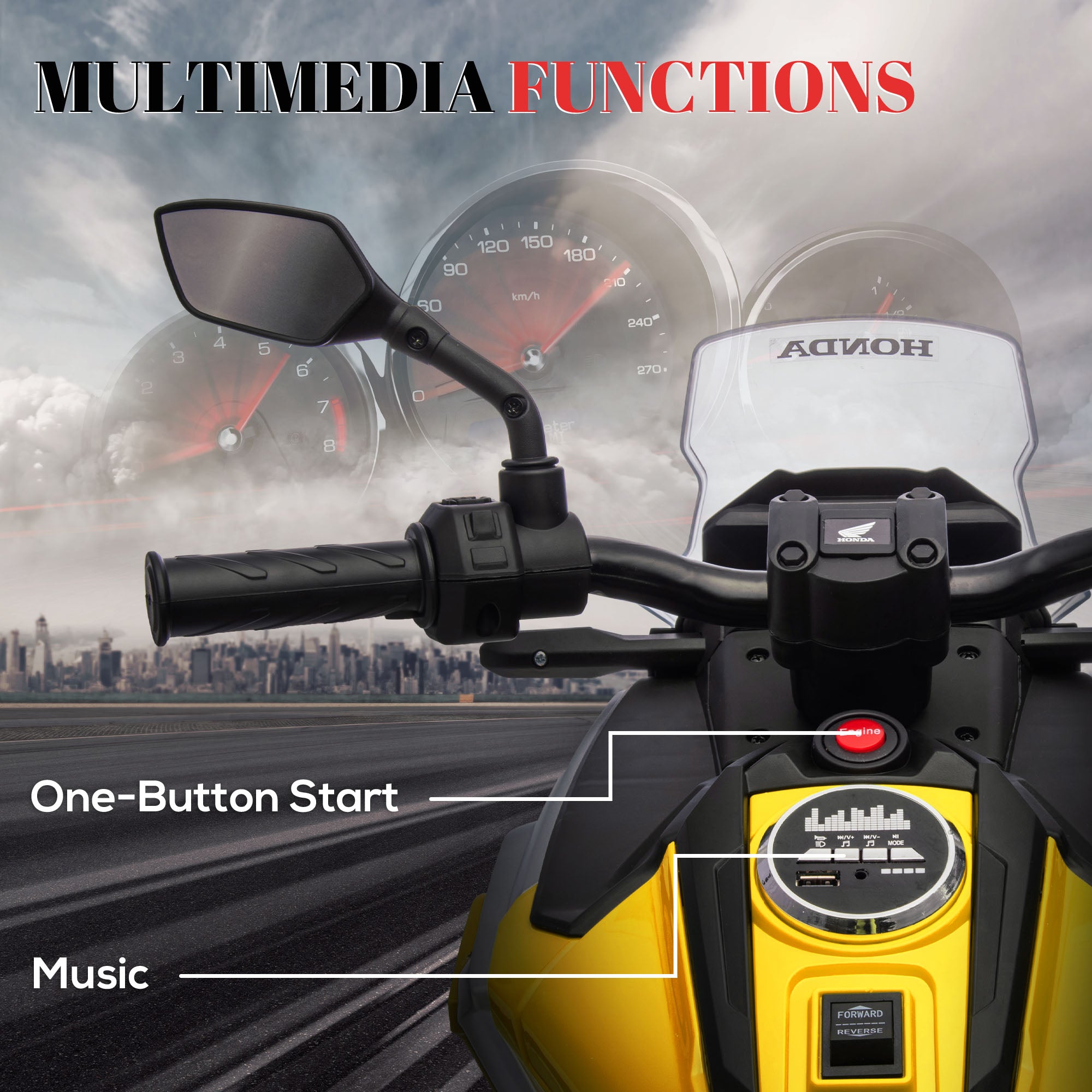 AIYAPLAY 12V Honda Licensed Kids Electric Motorbike w/ Music, Headlights, Early Education Function, for Ages 3-6 Years, Yellow - North Peak Garden Furniture