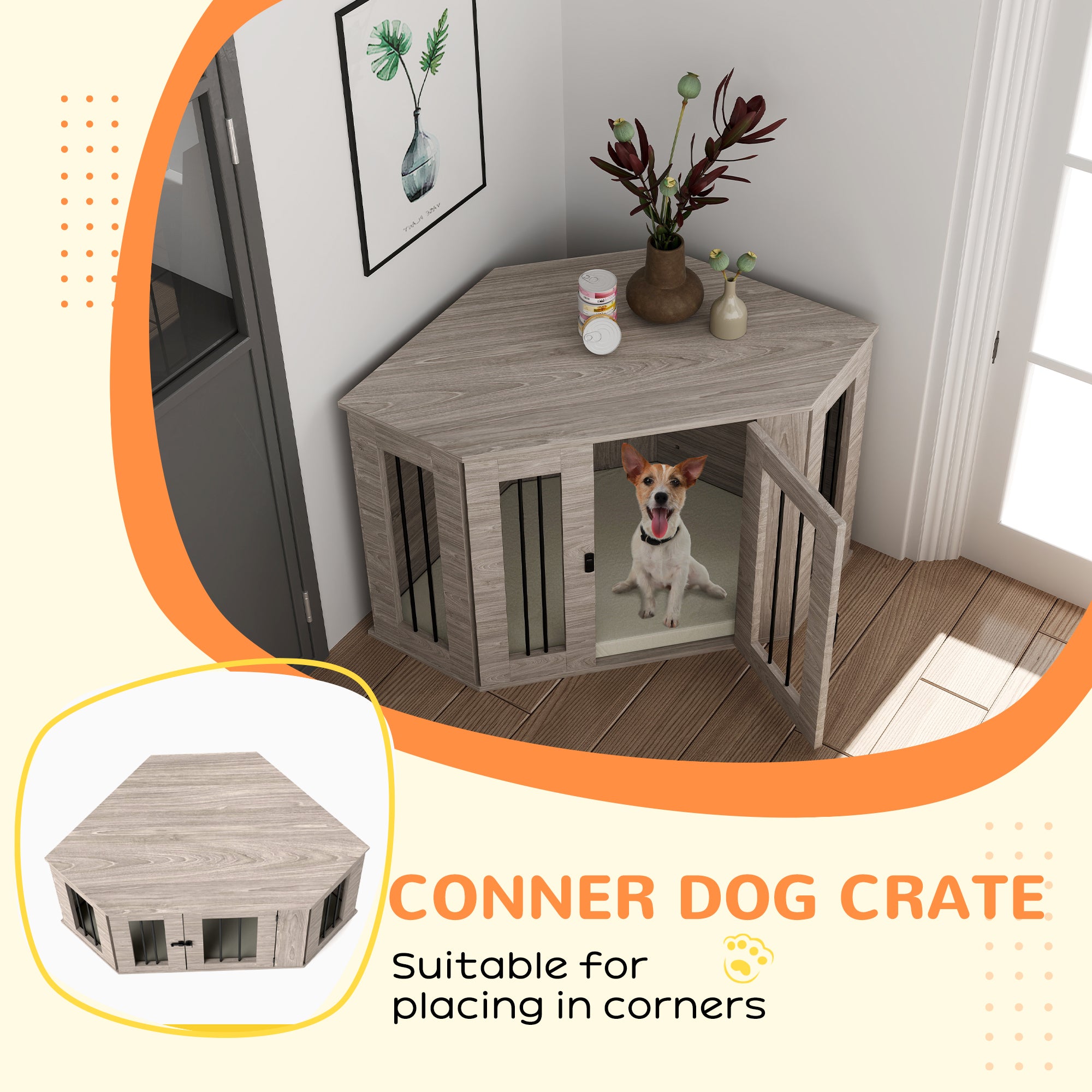 PawHut 2 in 1 Dog Crate Furniture Side Table, with Cushion, 104 x 55 x 63cm - Walnut Brown - North Peak Garden Furniture