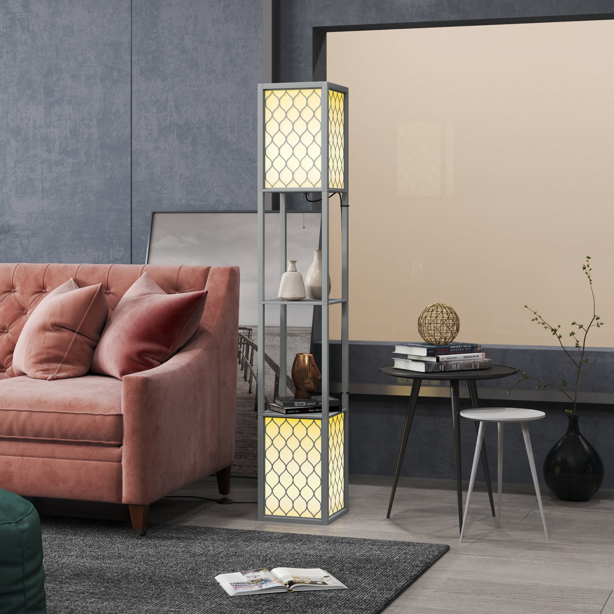 HOMCOM Floor Lamp with Shelves, Dual Light, Modern Tall Standing Lamps, with Pull Chain Switch (Bulb not Included), Light Grey - North Peak Garden Furniture