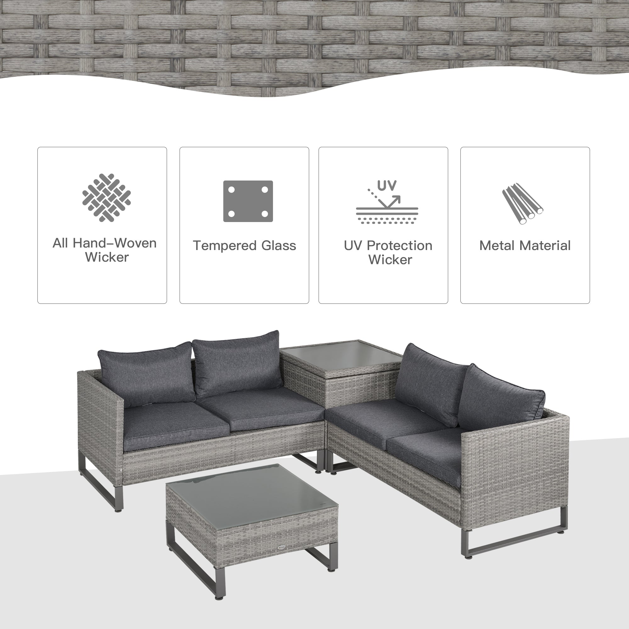 Outsunny 4 PCs PE Rattan Wicker Sofa Set Outdoor Conservatory Furniture Lawn Patio Coffee Table w/ Side Storage Box & Cushion, Grey - North Peak Garden Furniture