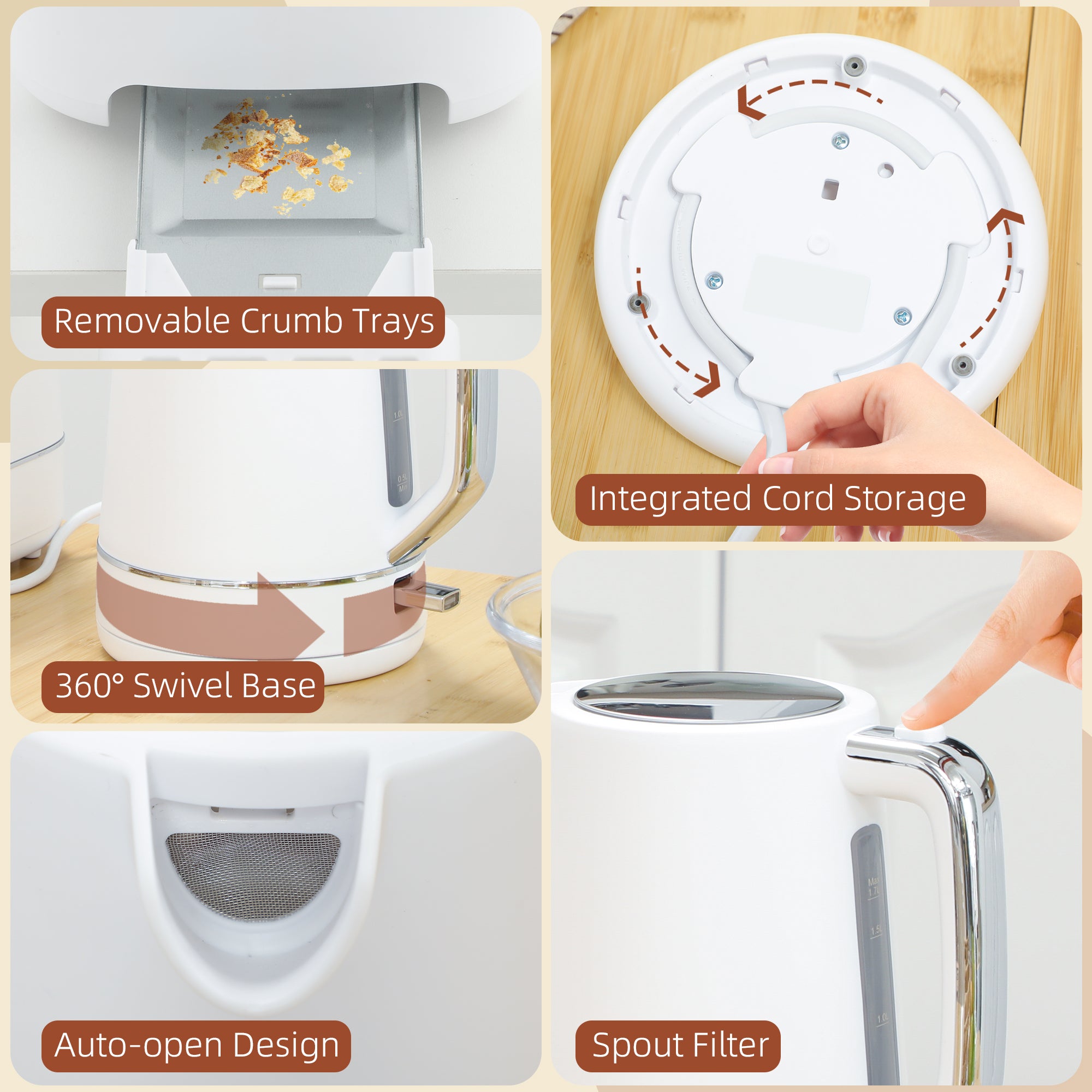 HOMCOM Kettle and Toaster Set, 1.7L 3000W Fast Boil Kettle & 2 Slice Toaster Kitchen Set with 6 Level Browning Controls, Defrost, Reheat, White - North Peak Garden Furniture