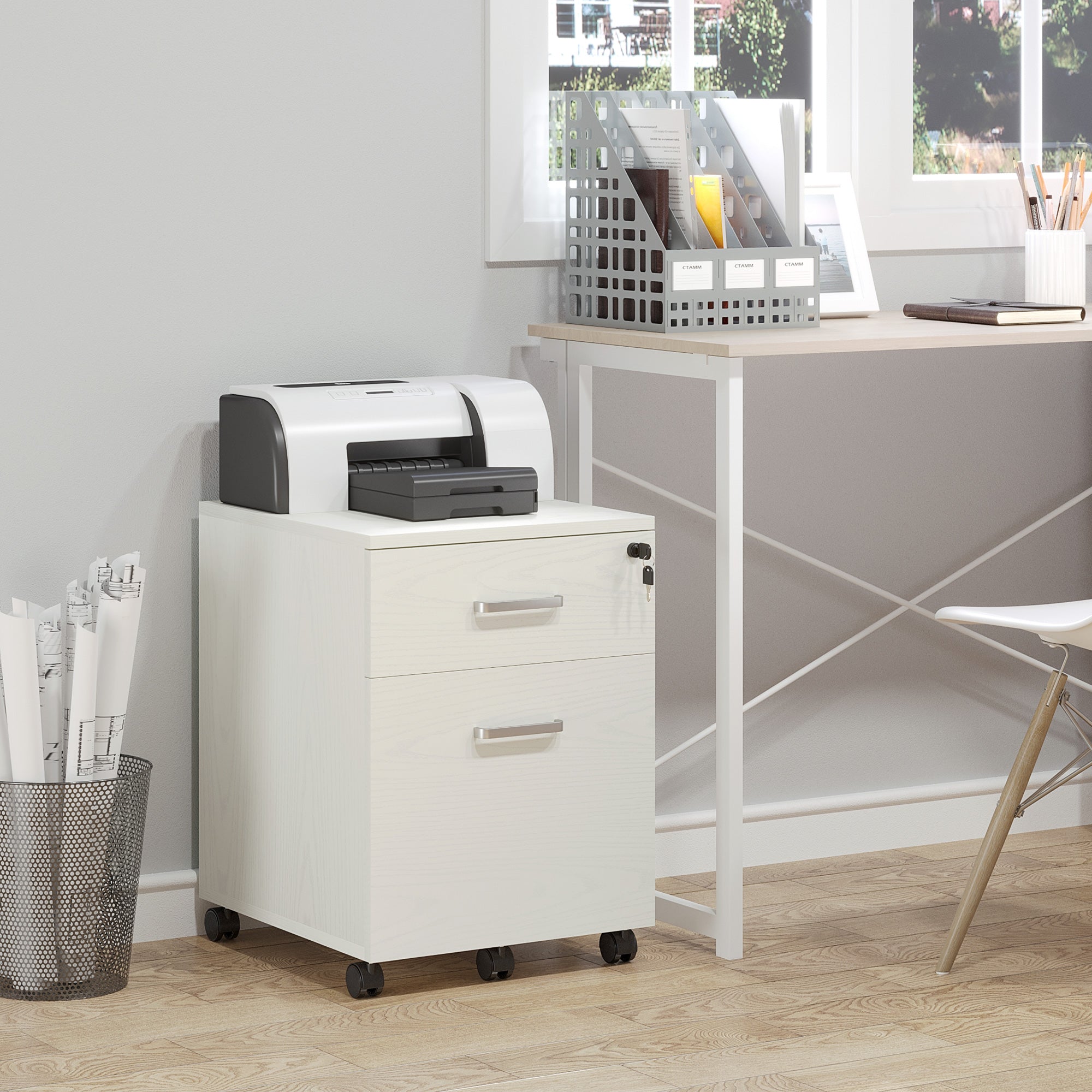 Vinsetto 2-Drawer Locking Office Filing Cabinet w/ 5 Wheels Rolling Storage Hanging Legal Letter Files Cupboard Home Organisation White Wood Grain - North Peak Garden Furniture