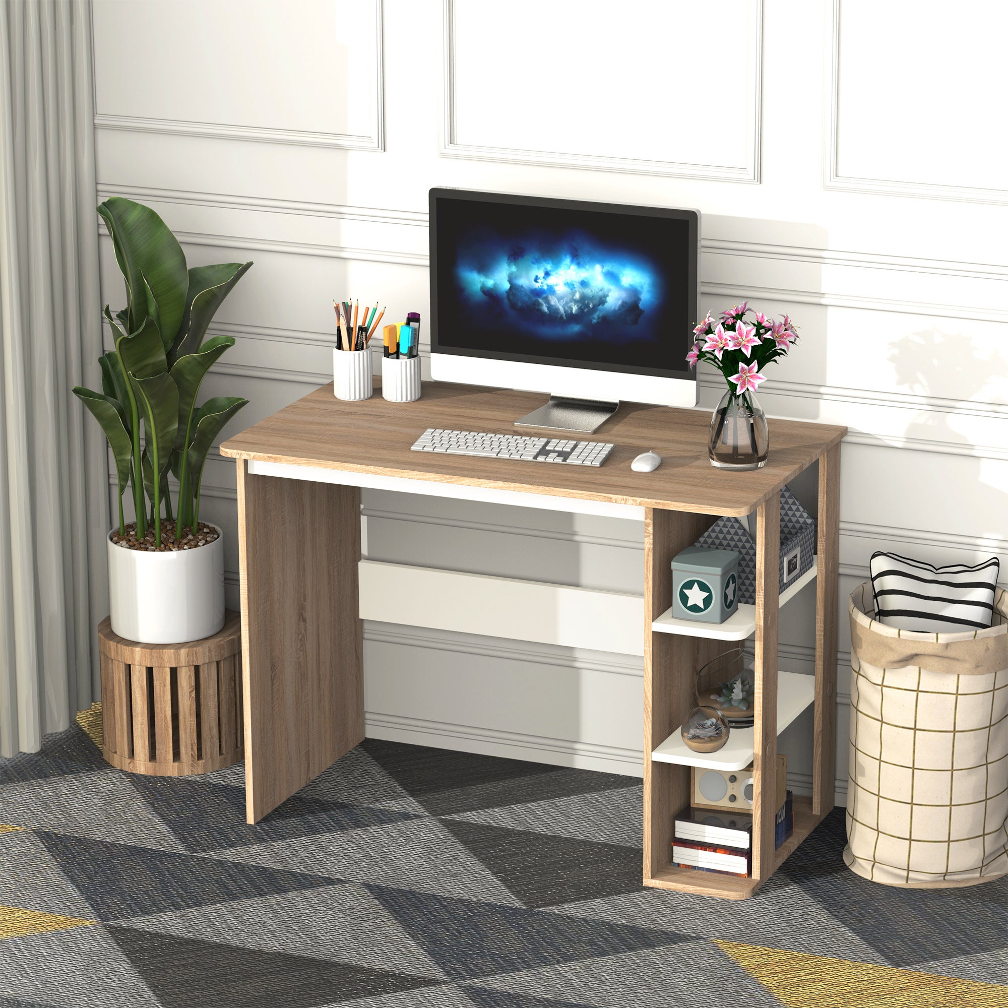 HOMCOM Computer Desk, Writing Desk with 3-Tier Storage Shelf, Work Table for Home Office, Study, Living Room, Oak and White - North Peak Garden Furniture