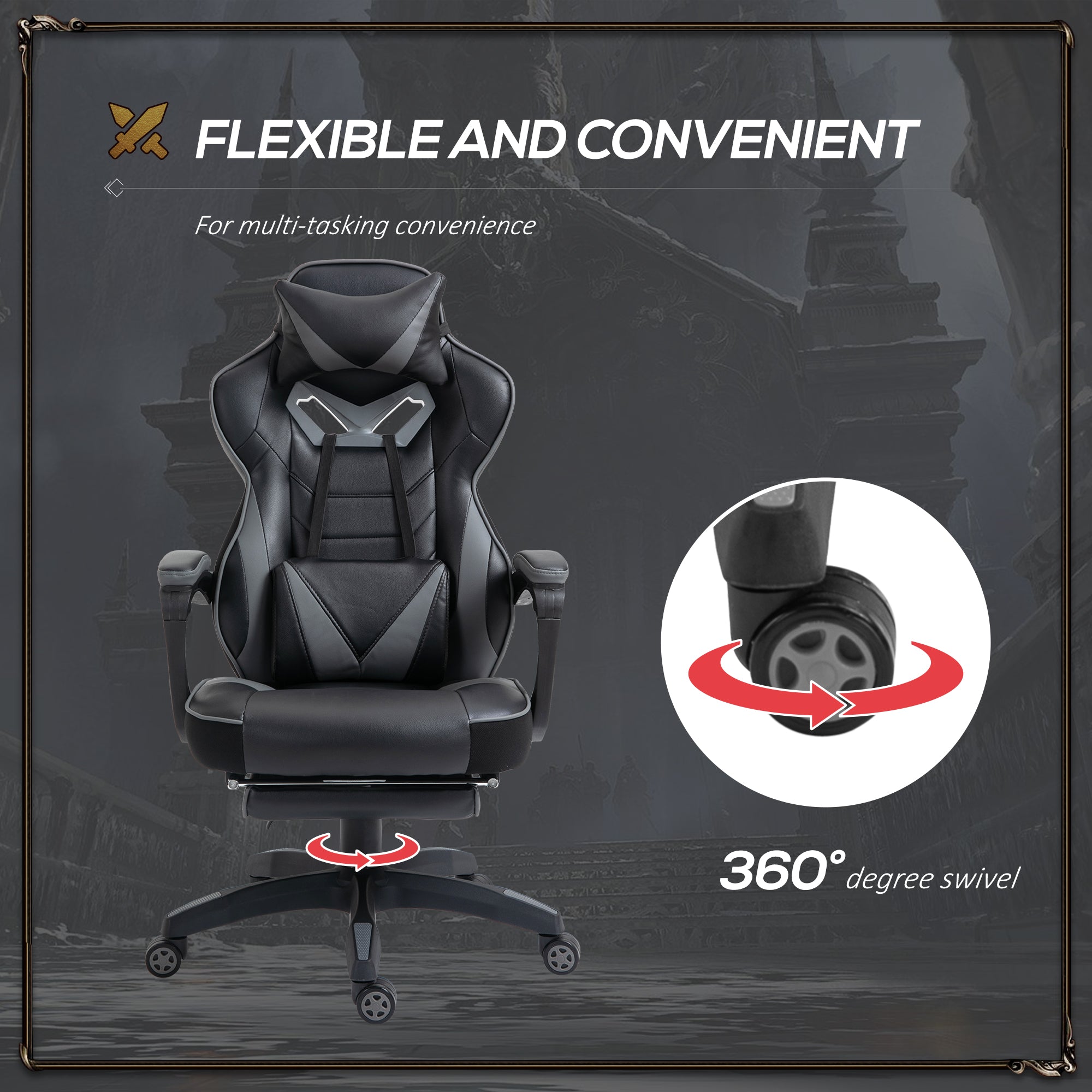 Vinsetto Computer Gaming Chair, Racing Desk Chair with Lumbar Support and Footrest, PU Leather Gamer Chair with Headrest and Swivel Wheels for Home, Grey - North Peak Garden Furniture