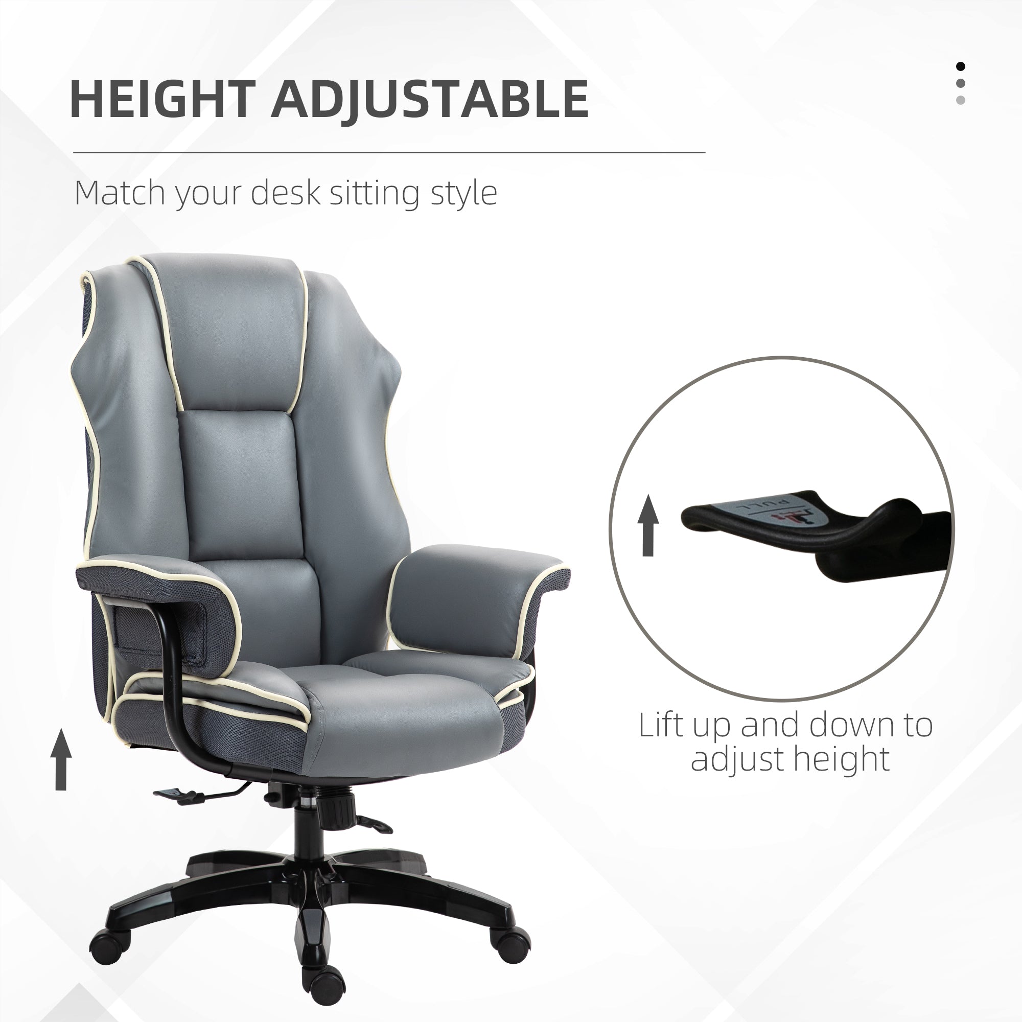 Vinsetto High Back Office Chair, PU Leather Desk Chair, Reclining Swivel Computer Chair for Home, Grey - North Peak Garden Furniture