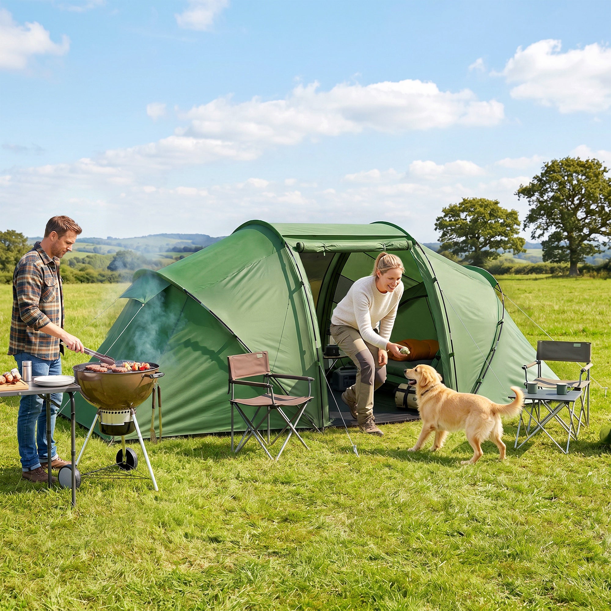 Outsunny 4-6 Man Camping Tent w/ Two Bedroom, Hiking Sun Shelter, UV Protection Tunnel Tent, Dark Green