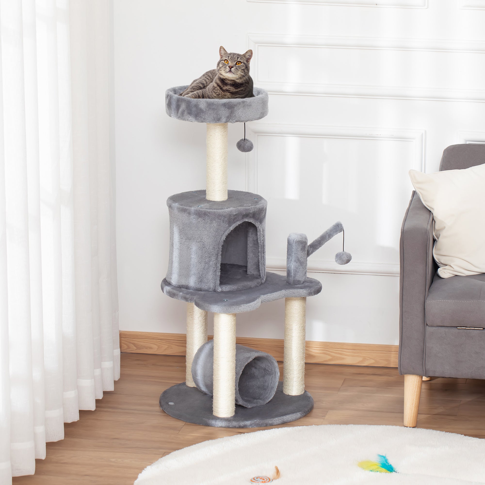 PawHut Cat Tree Tower for Indoor Cats Climbing Activity Center Kitten Furniture with Jute Scratching Post Bed Tunnel Perch Hanging Balls Grey