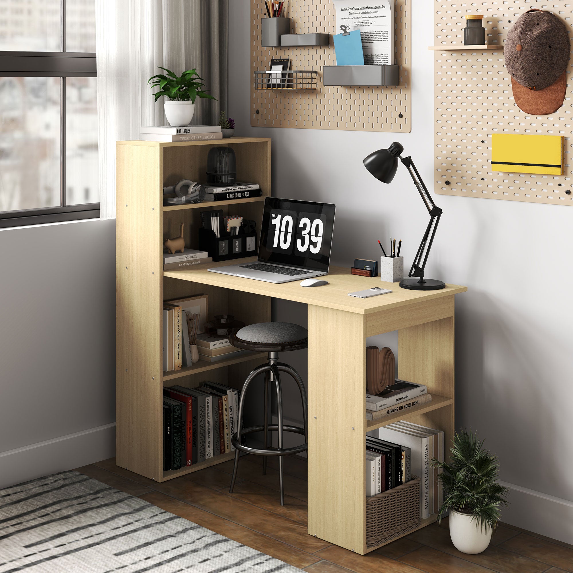 HOMCOM 120cm Modern Computer Desk Bookshelf Study Table Workstation PC Laptop Writing Home Office 6 Shelves, Natural Wood Finish - North Peak Garden Furniture