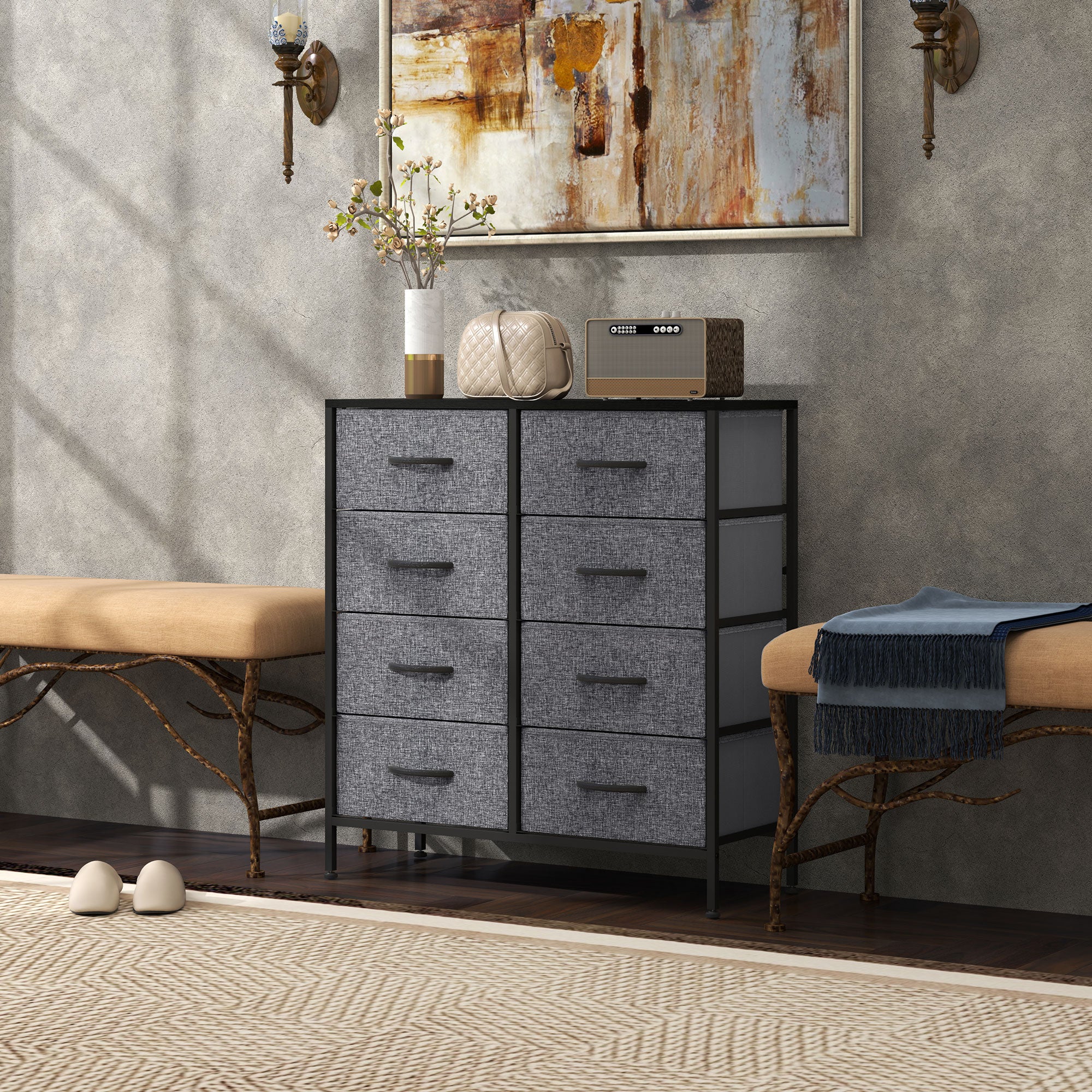 HOMCOM Fabric Chest of Drawers, Storage Drawers, Industrial Bedroom Dresser with 8 Fabric Drawers, Steel Frame and Wooden Top for Nursery, Living Room, Hallway, Black - North Peak Garden Furniture