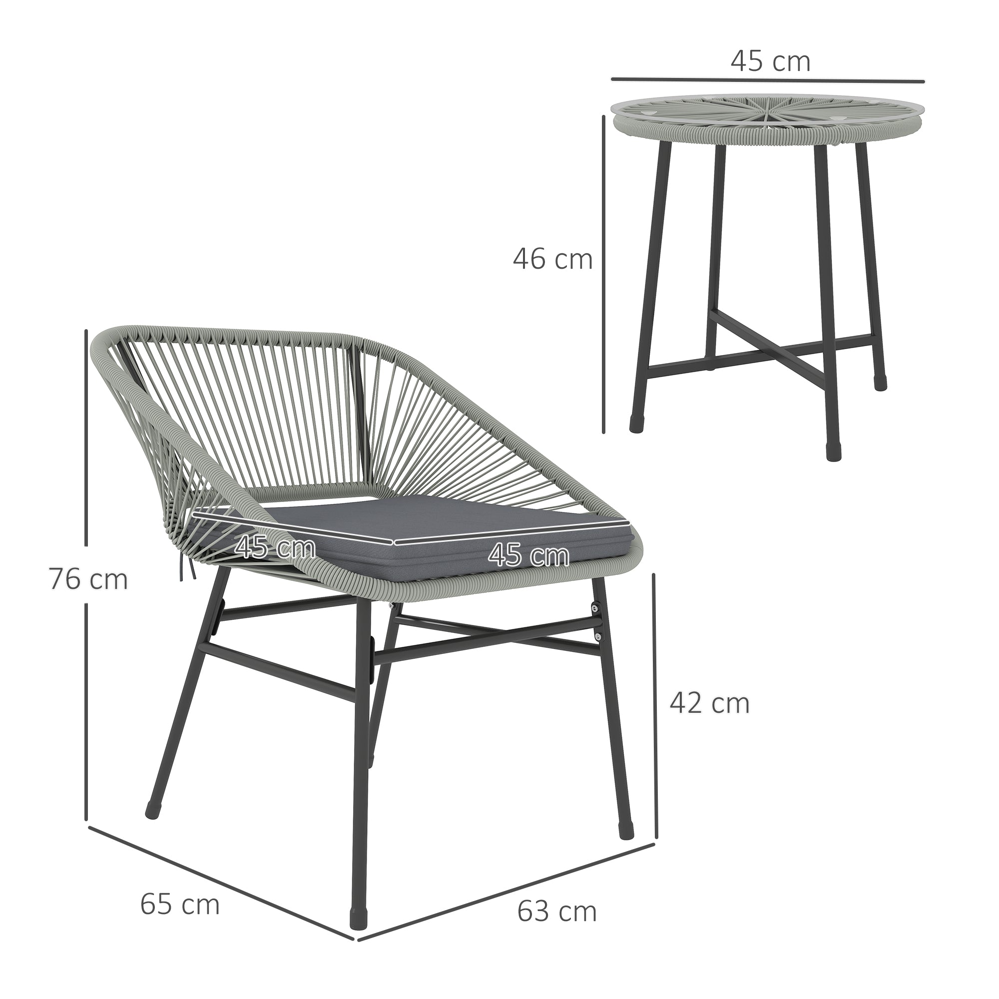 Outsunny 3 Pieces Rattan Bistro Set, Wicker Small Garden Table and Chairs Set with Cushions and Glass Top Coffee Table, Bistro Garden Furniture Set for Outdoor, Patio, Balcony, Light Grey - North Peak Garden Furniture