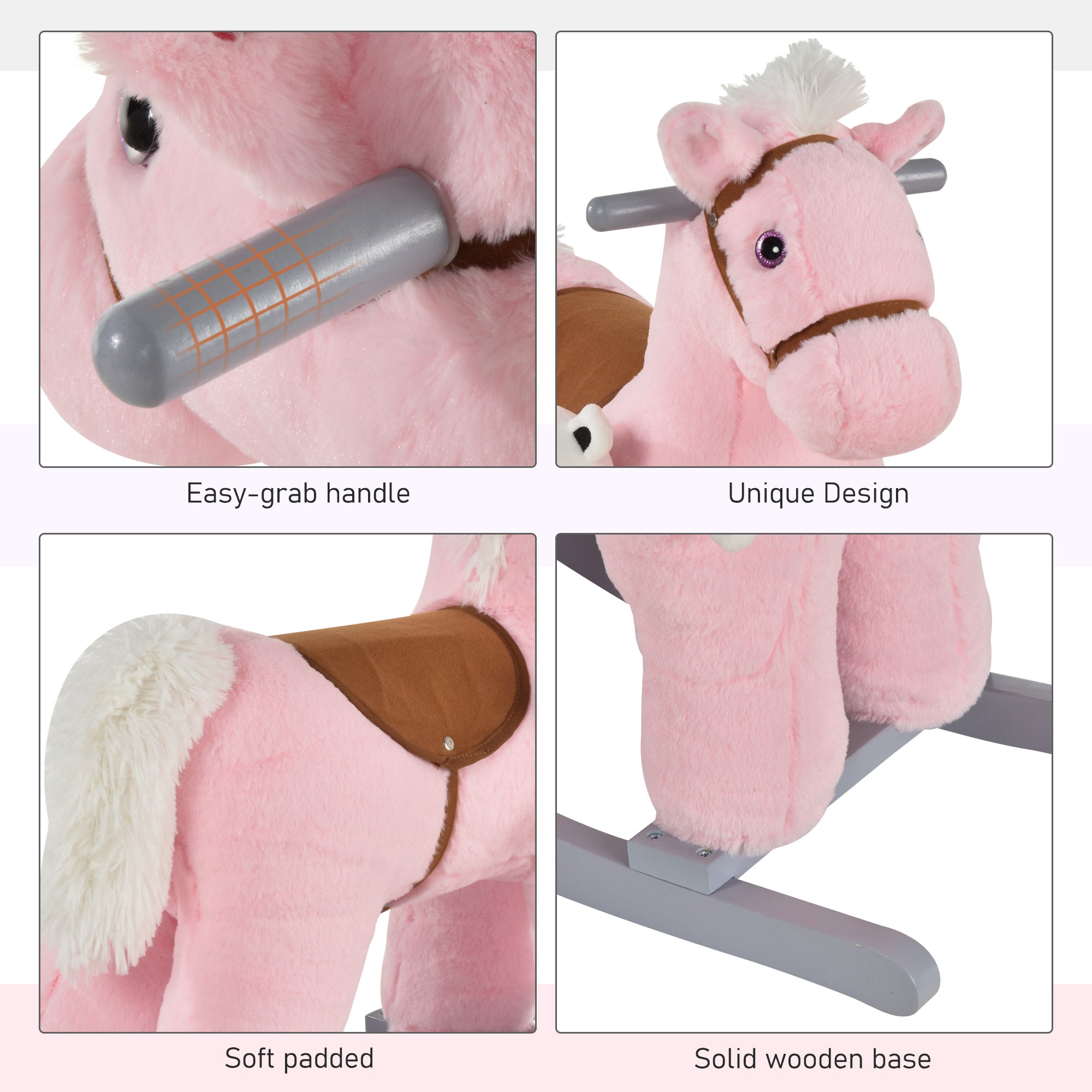 HOMCOM Kids Plush Ride-On Rocking Horse Toy Rocker with Plush Toy Realistic Sounds for Child 18-36 Months Pink - North Peak Garden Furniture