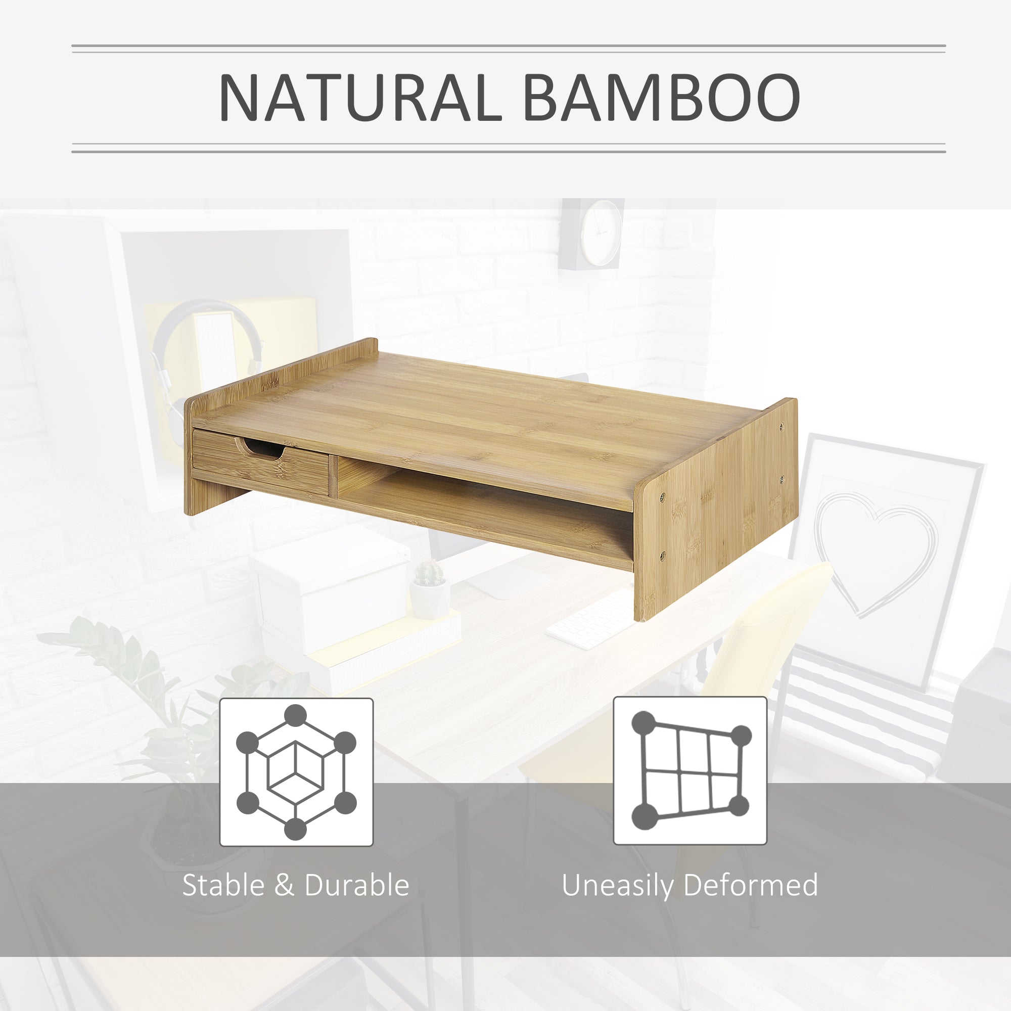 HOMCOM Monitor Riser Laptop PC Plinth Stand TV Computer Desktop Organiser W/ Drawer Bamboo