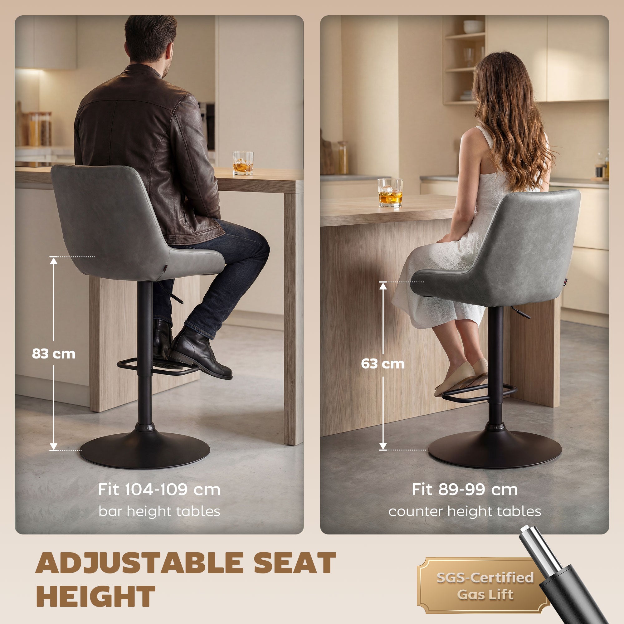 HOMCOM Retro Bar Stools Set of 2, Adjustable Kitchen Stool, Upholstered Bar Chairs with Back, Swivel Seat, Dark Grey