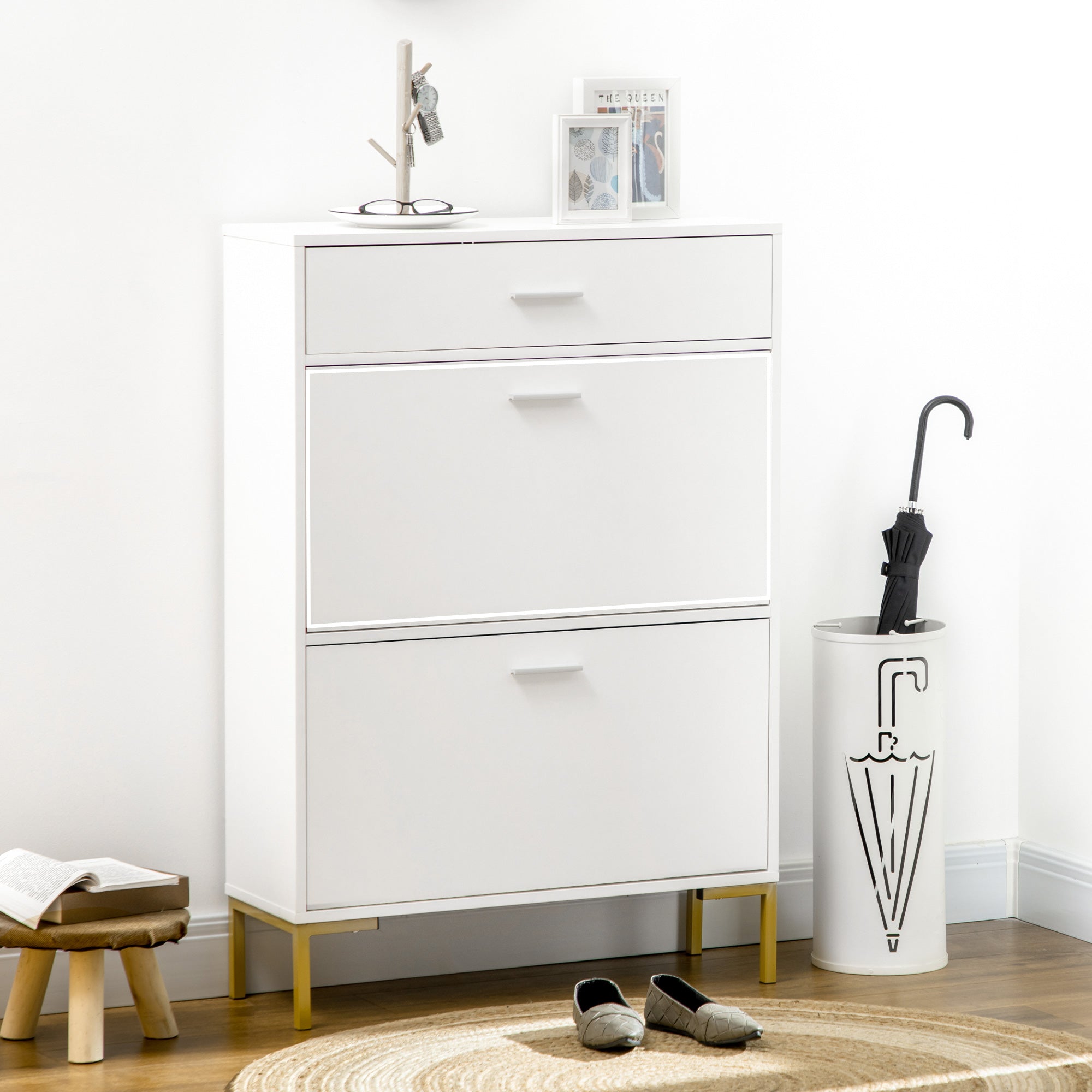 HOMCOM Three Drawer Slim Shoe Storage Cabinet, 12 Shoe Pairs - White