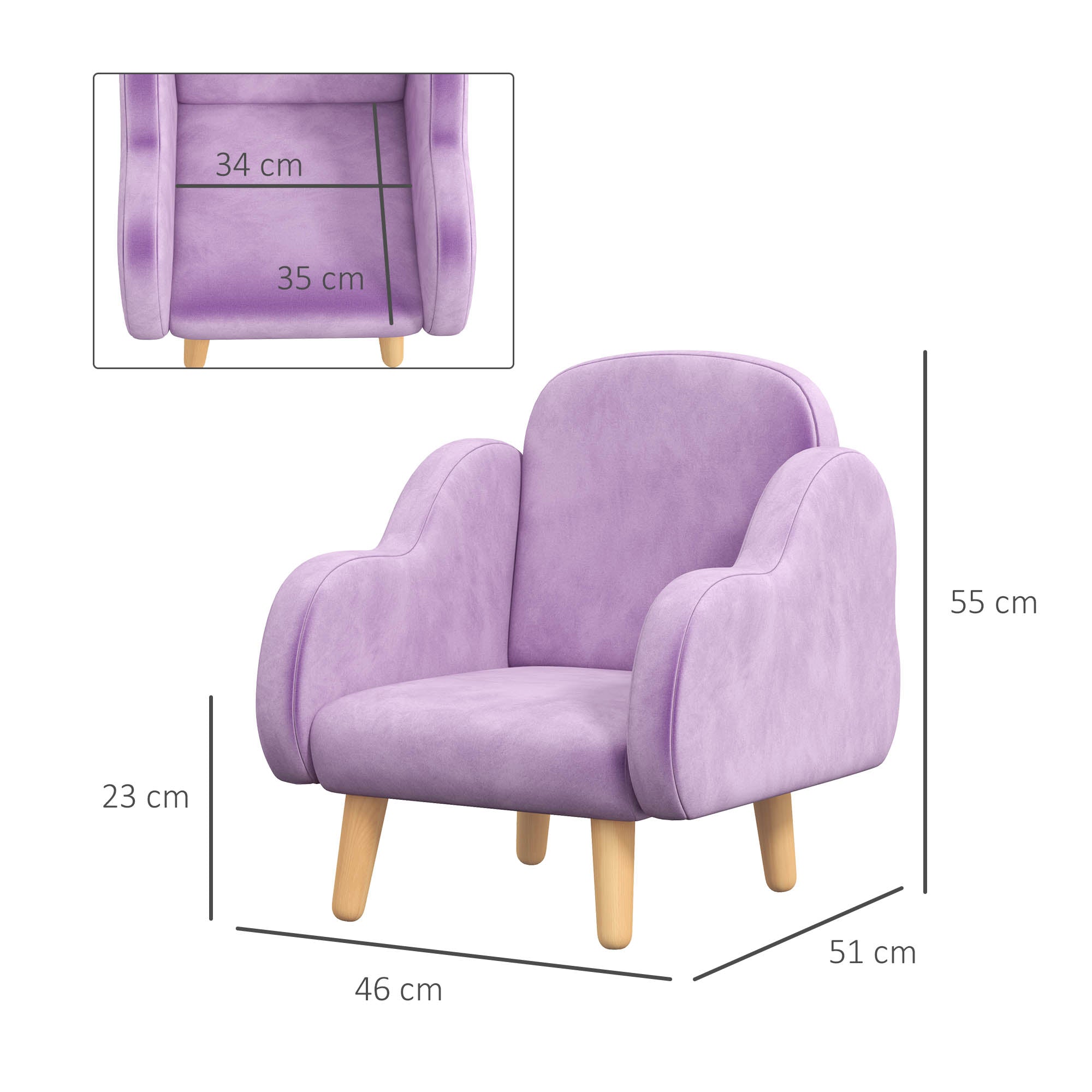 ZONEKIZ Kids Armchair Toddler Sofa Children Chair with Arm Rest, Wooden Frame, Velvet, PP Legs, Cloud Shape, for Ages 1.5-3 Years - Purple