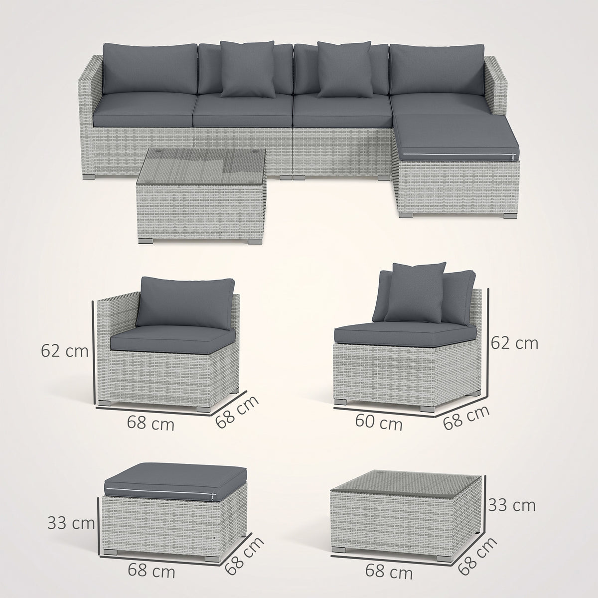 Outsunny 6 Pieces Rattan Corner Sofa Set - Mixed Grey