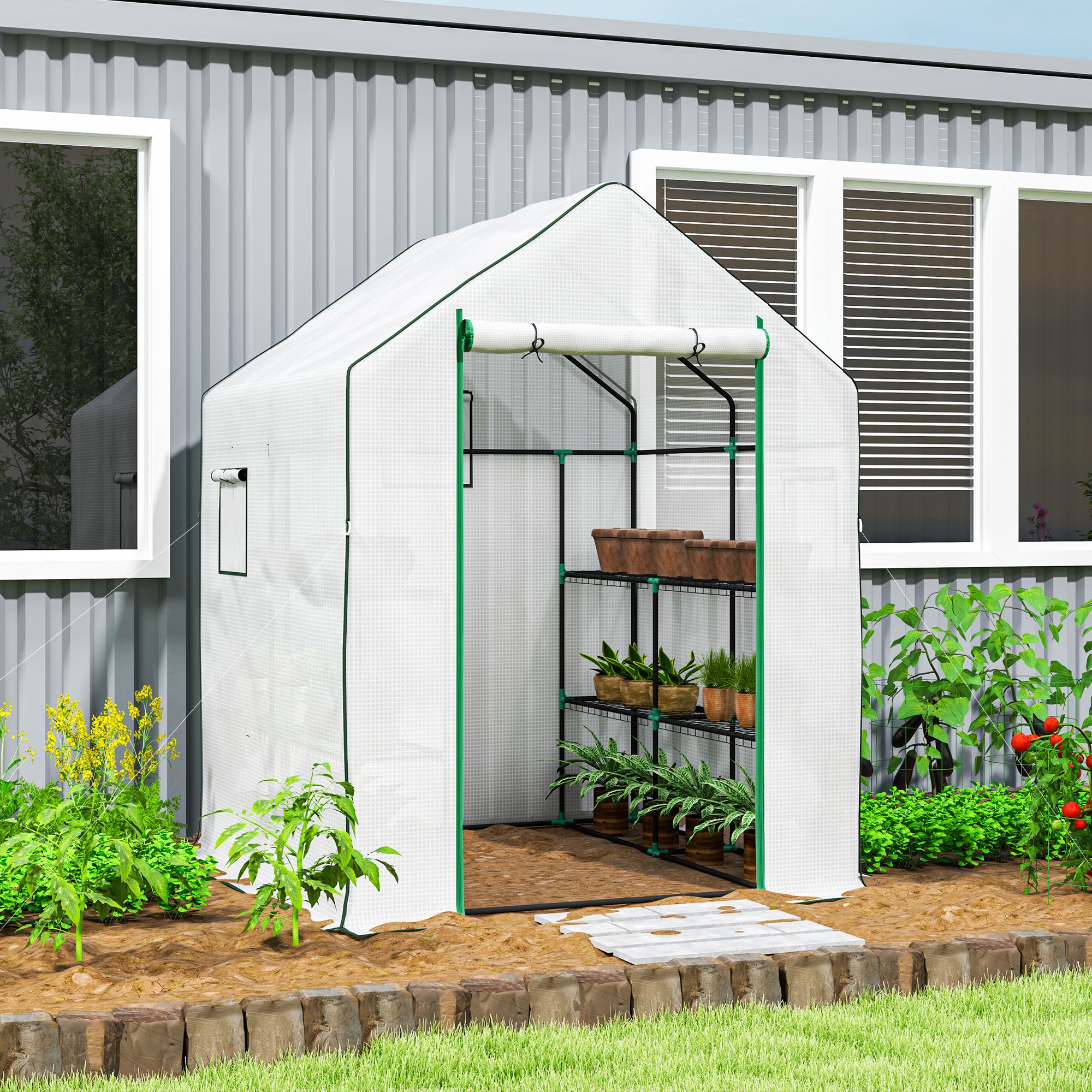 Outsunny 143 x 140cm Walk-In Greenhouse, with Accessories - White - North Peak Garden Furniture