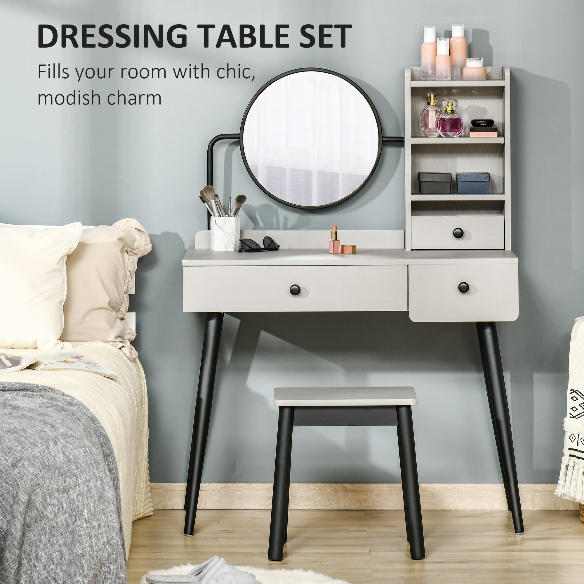 HOMCOM Dressing Table Set with Mirror and Stool, Vanity Makeup Table with 3 Drawers and Open Shelves for Bedroom, Living Room, Grey - North Peak Garden Furniture