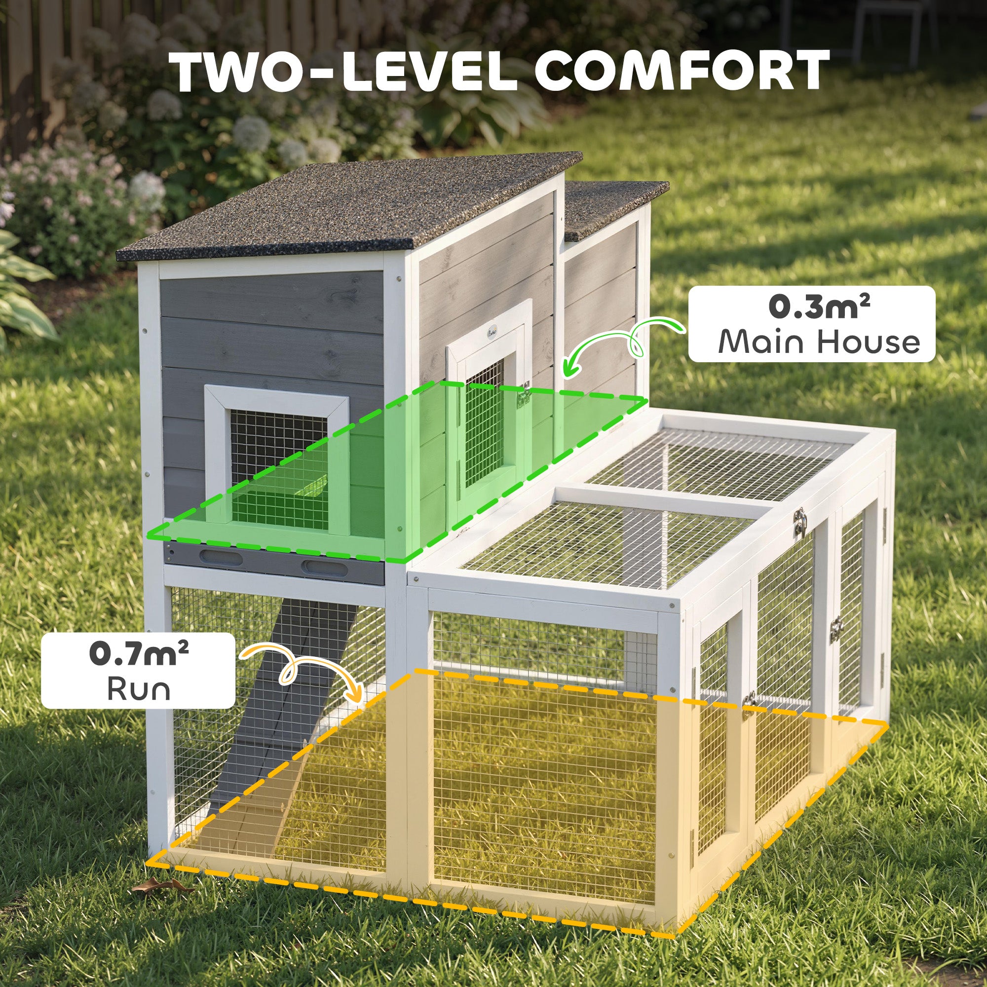 PawHut Wooden Rabbit Hutch, Indoor Outdoor Bunny Cage with Waterproof & Openable Roof, Pull Out Tray and Ramp, Guinea Pig Hutch