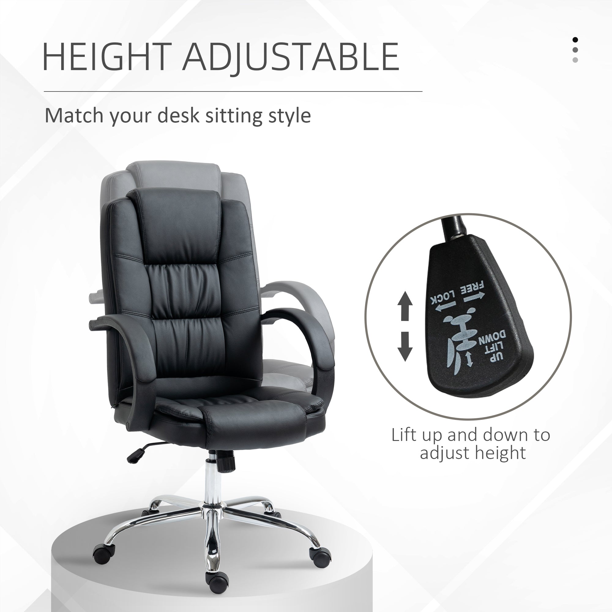 Vinsetto Office Chair, PU Leather Desk Chair with 13cm Soft Padded Seat and Backrest, Swivel Chair with Adjustable Height and Rolling Wheels, Black - North Peak Garden Furniture
