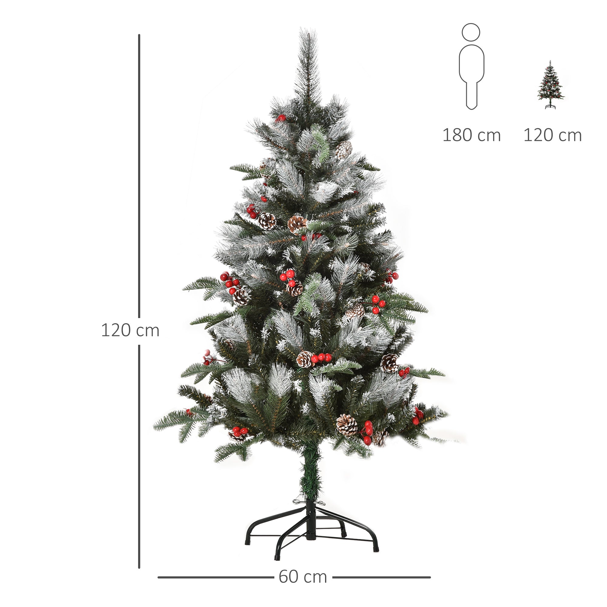 HOMCOM 4FT Artificial Snow Dipped Christmas Tree Xmas Pencil Tree Holiday Home Party Decoration with Foldable Feet Red Berries White Pinecones, Green