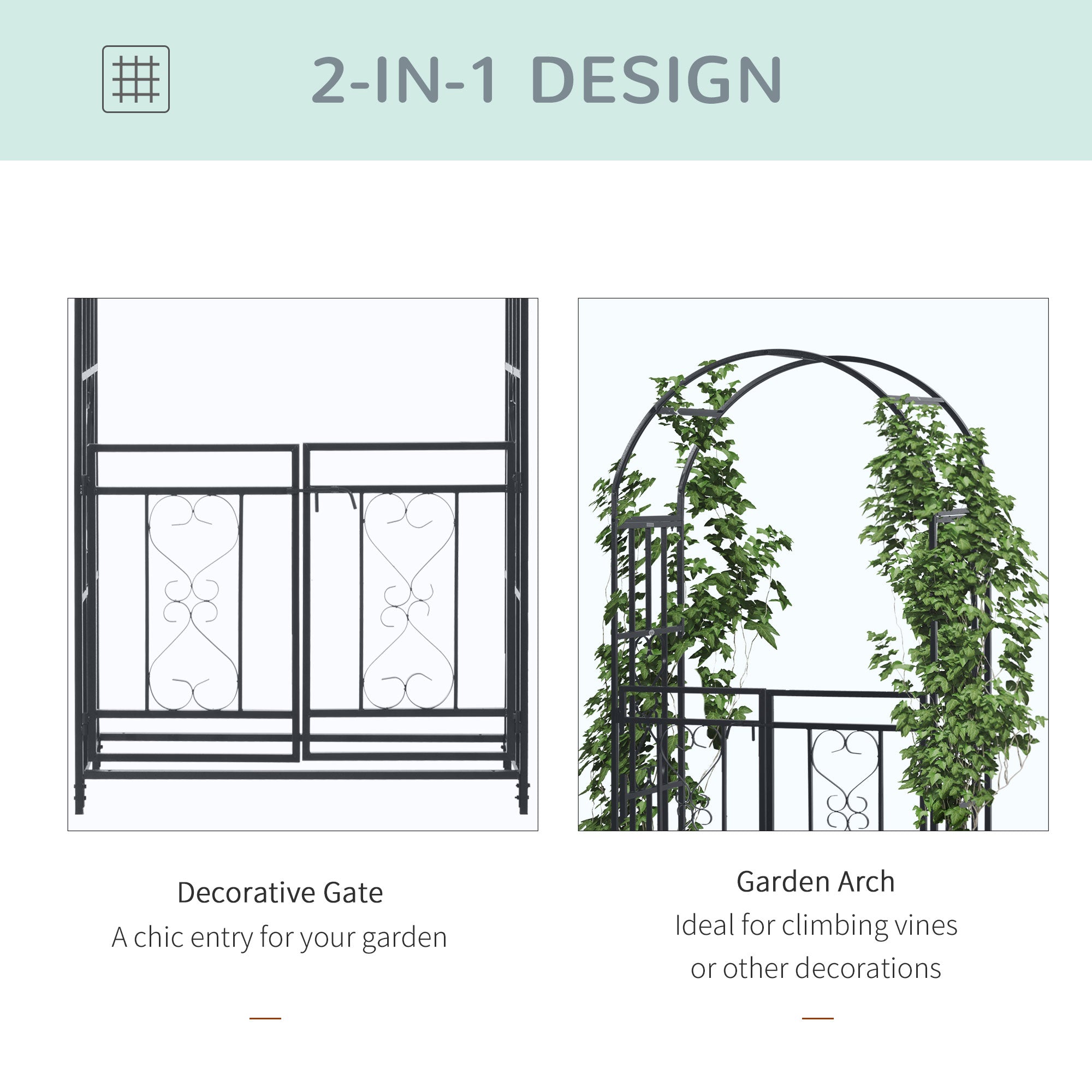 Outsunny Outdoor Garden Arch with Double Gates, Metal Garden Arbor for Climbing Plants, Roses, Vines, Wedding Arch for Outdoor, 114L x 50W x 206H cm, Dark Grey - North Peak Garden Furniture
