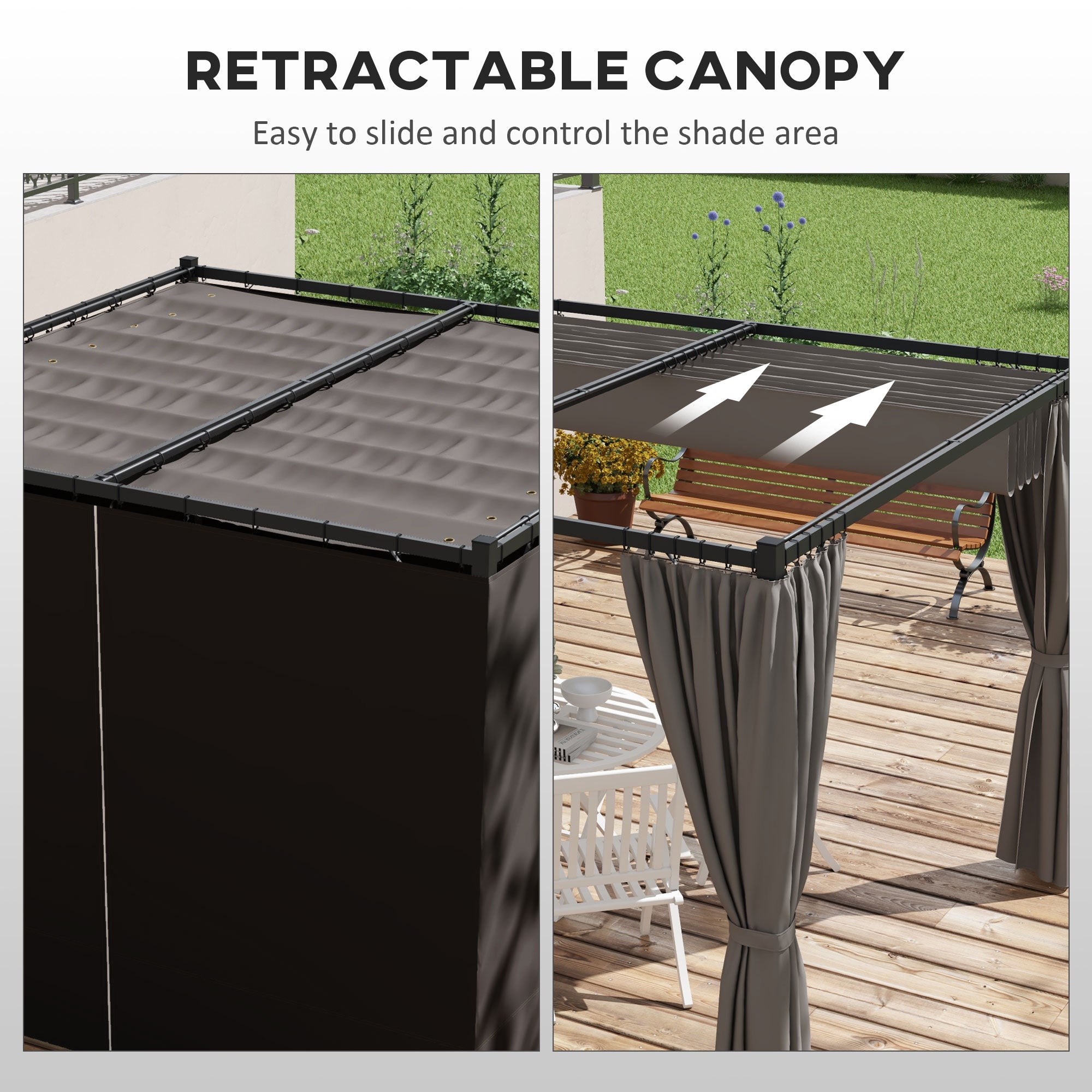 Outsunny 3 x 3m Moving Canopy Metal Pergola, with Curtains - Grey - North Peak Garden Furniture