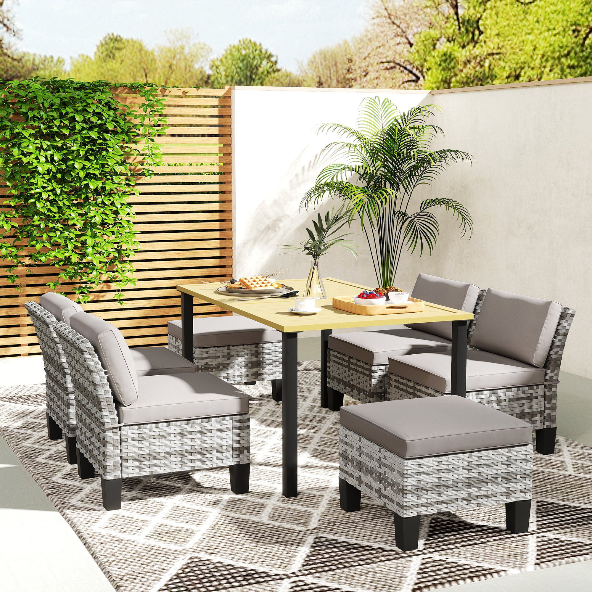 Outsunny 7-Piece Rattan Garden Dining Set, 6 Seater Wicker Garden Furniture Set with Seat and Back Cushions, Umbrella Hole, Patio Table and Chairs with Slatted Metal Top Table for Balcony, Grey - North Peak Garden Furniture