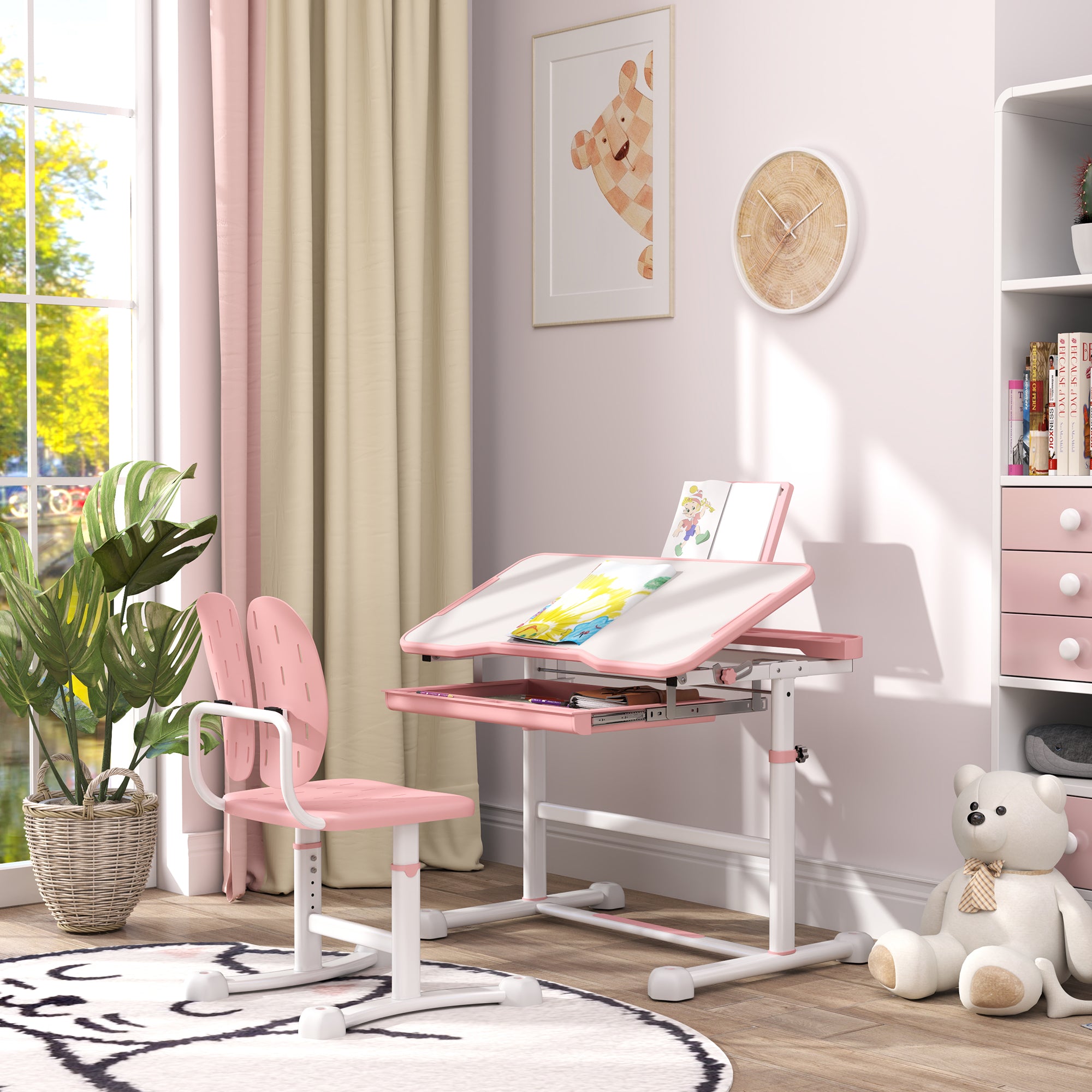 AIYAPLAY Height Adjustable Kids Desk and Chair Set, School Study Writing, Reading Table Chair Set w/ Tilted Desktop, Pink - North Peak Garden Furniture