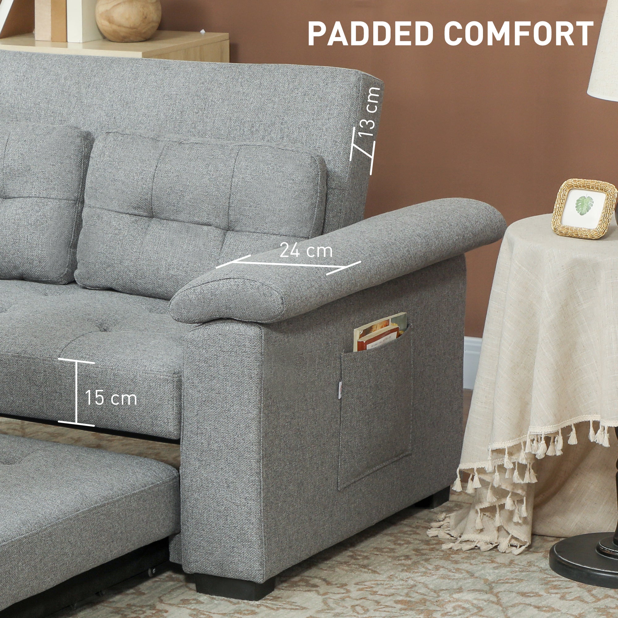 HOMCOM Pull Out Sofa Bed with 2 Pocket Springs, Fabric 2 Seater Click Clack Sofa Bed Settee, Convertible Sofa Couch with Pillows and Side Pockets for Living Room, Home Office, Light Grey - North Peak Garden Furniture