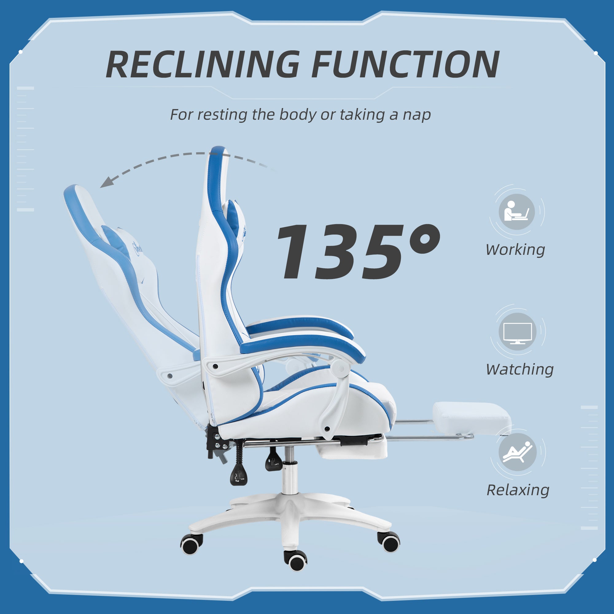 Vinsetto Computer Gaming Chair, PU Leather Desk Chair with Footrest, Swivel Task Chair with 135° Reclining Back and Lumbar Support, PC Chair for Adults, White and Blue - North Peak Garden Furniture