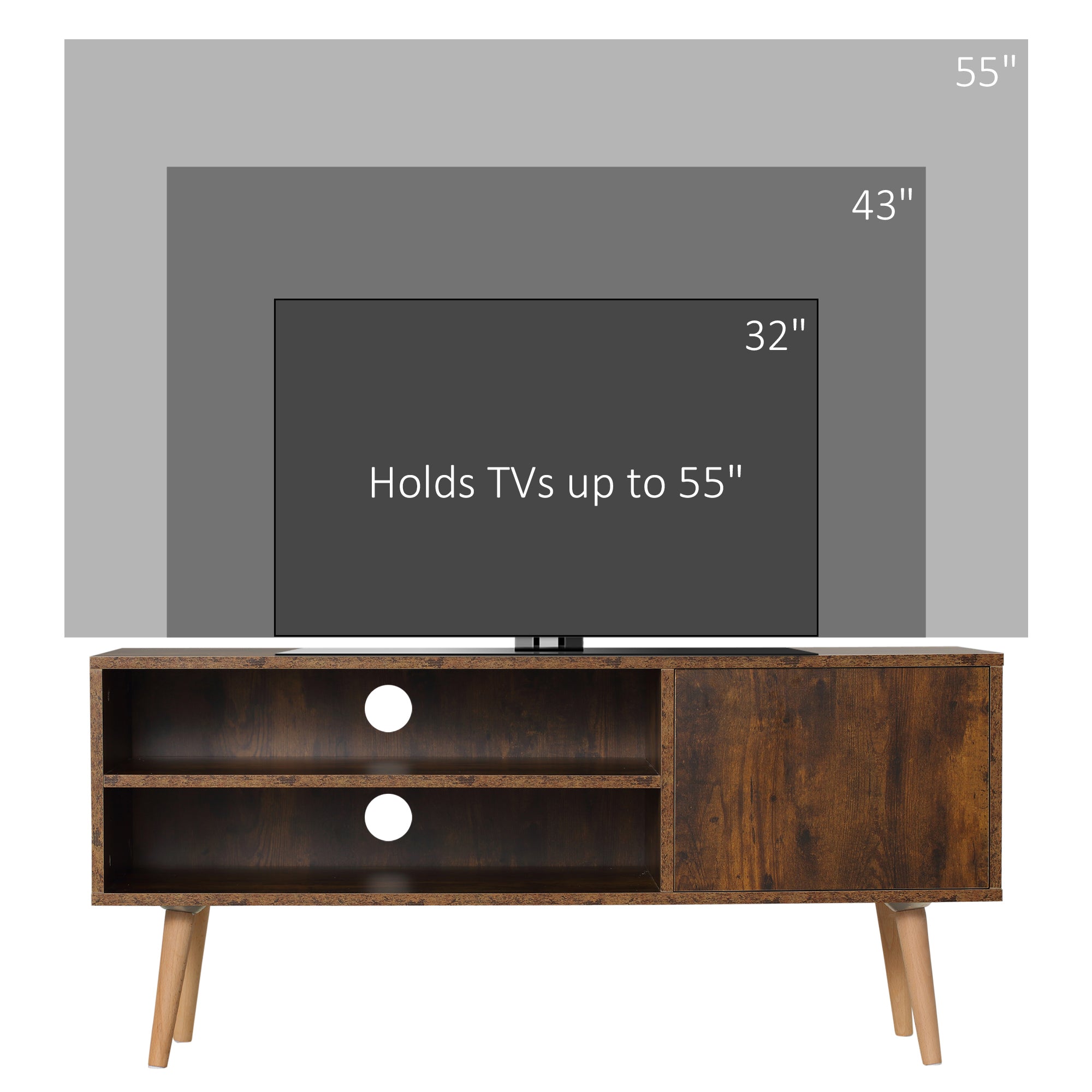 HOMCOM TV Unit Cabinet for TVs up to 55 Inches, TV Stand with Cupboard and Storage Shelves, Cable Holes for Living Room, Brown - North Peak Garden Furniture