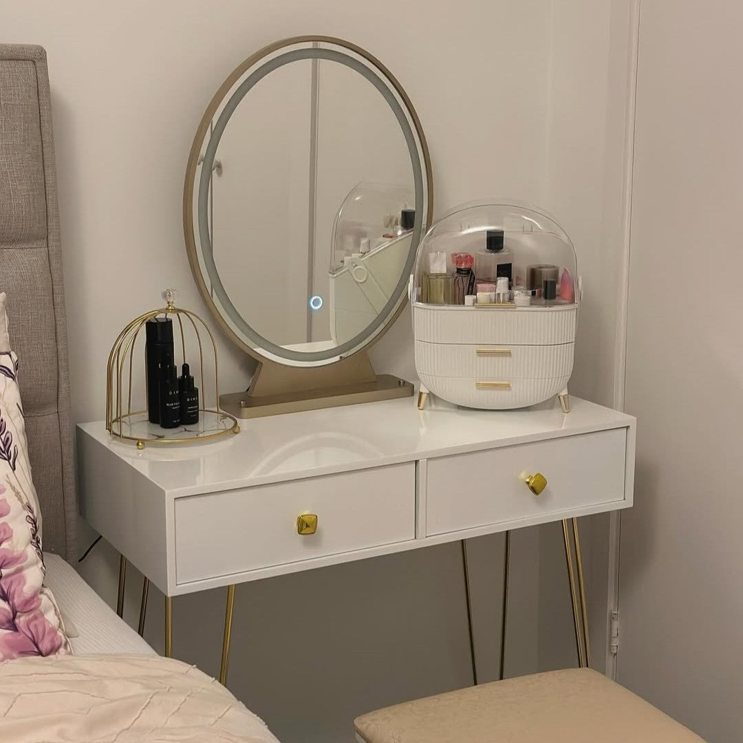 HOMCOM Dressing Table Set with LED Light, Round Mirror, Vanity Makeup Table with 2 Drawers and Cushioned Stool for Bedroom, White
