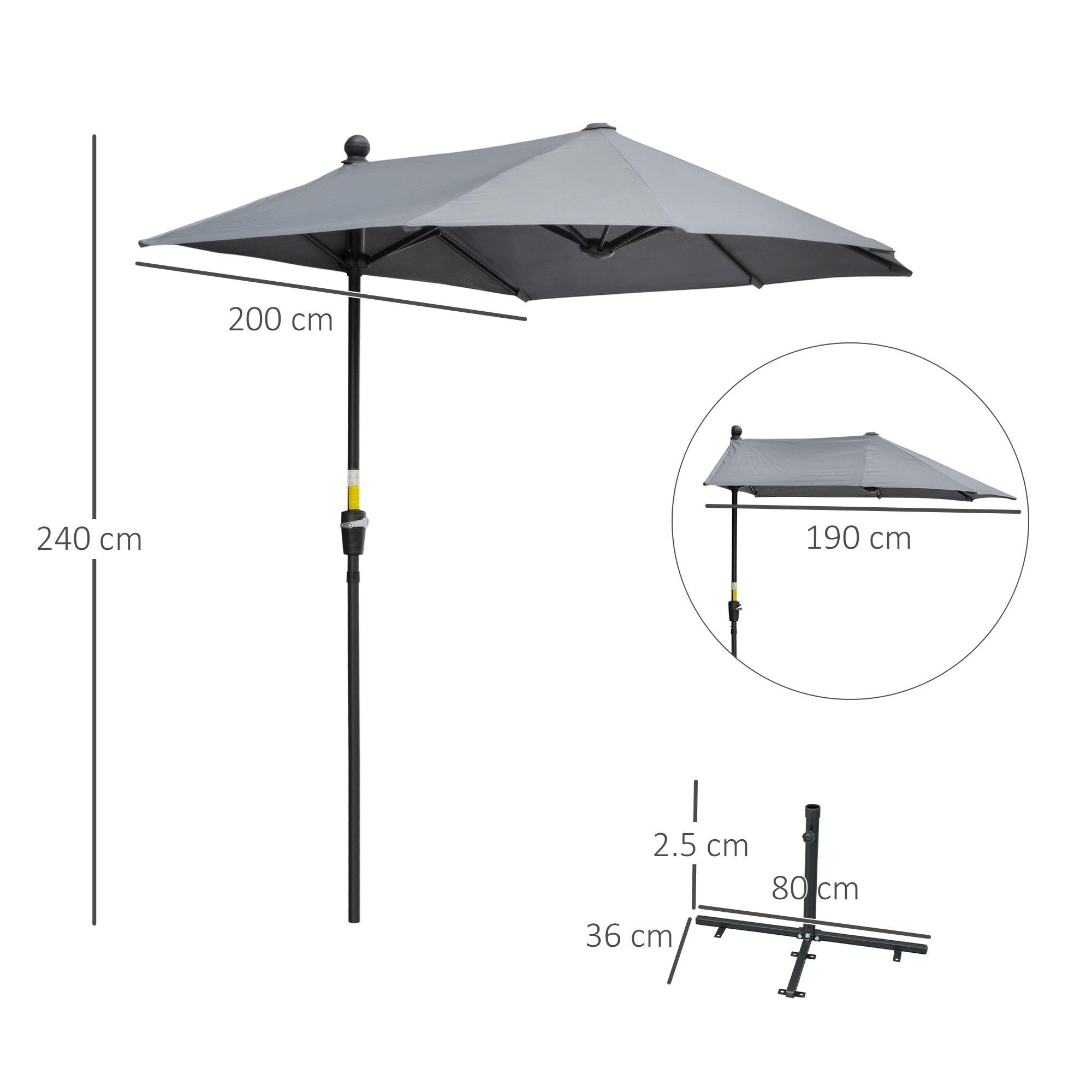 Outsunny 2m Half Parasol Market Umbrella Garden Balcony Parasol with Crank Handle, Base, Double-Sided Canopy, Dark Grey - North Peak Garden Furniture
