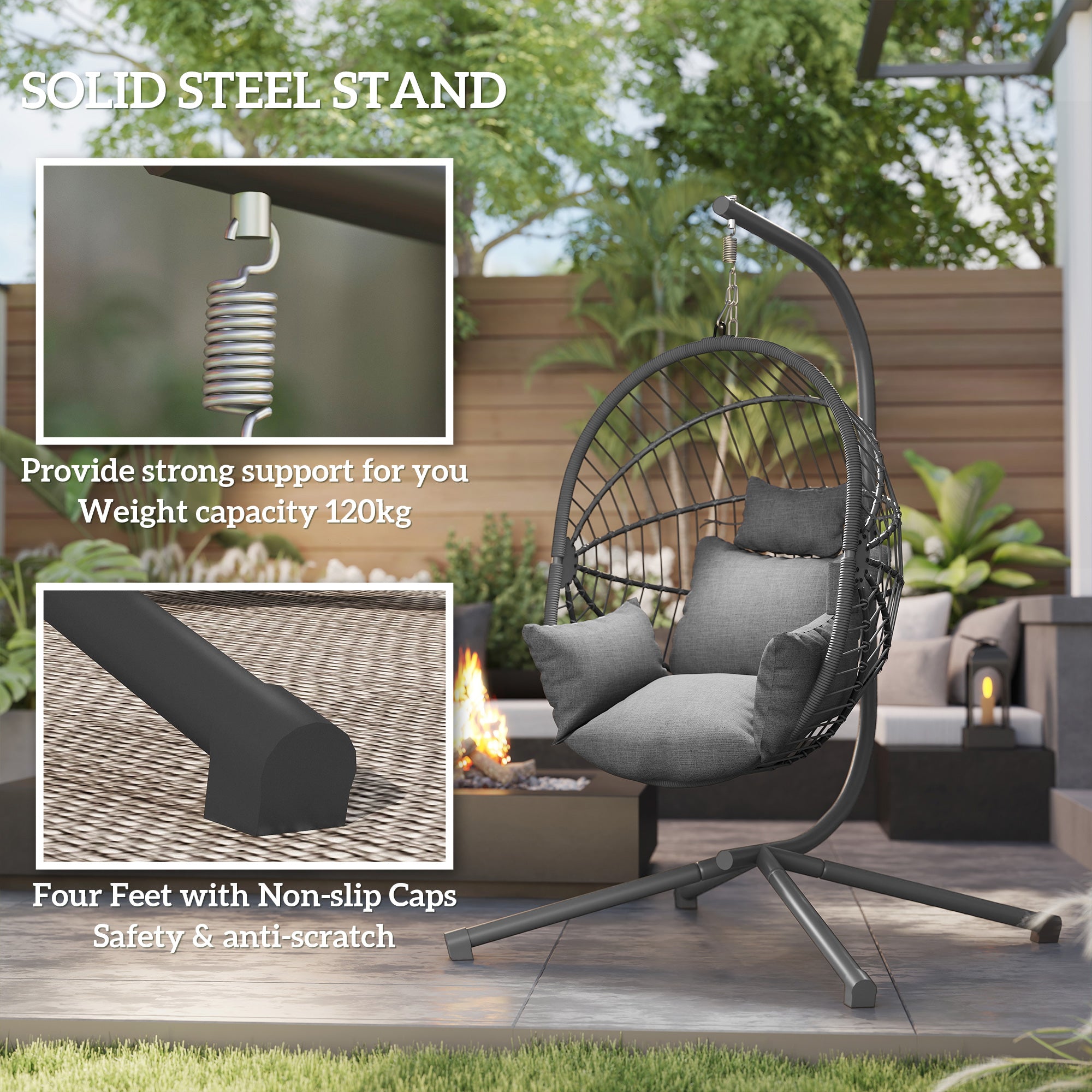 Outsunny Metal Stand Hanging Egg Chair, with Full Body Padded Seat - Grey - North Peak Garden Furniture