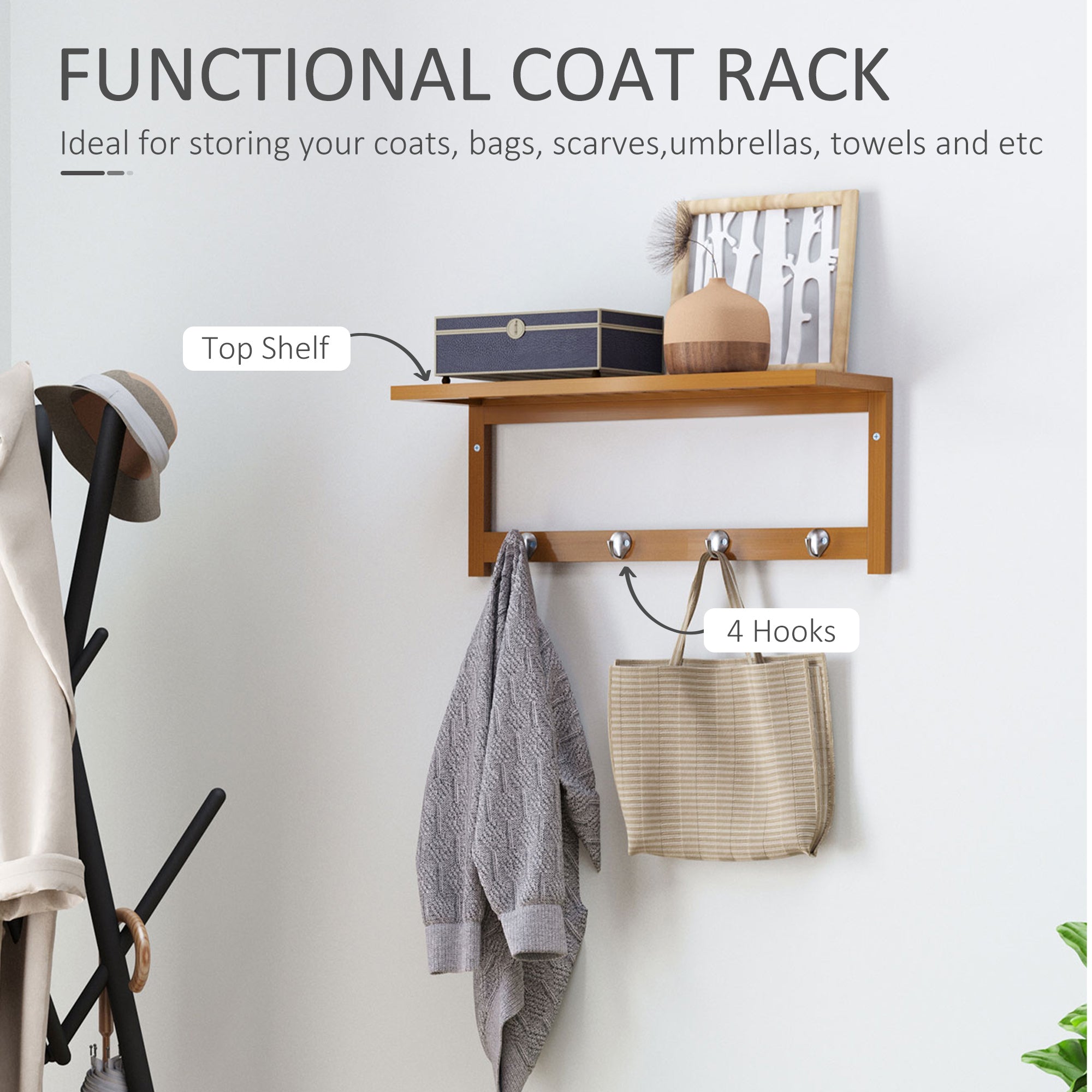 HOMCOM Wall Mounted Coat Clothes Hat Hanger 4 Hooks Rack Stand with Rail & Storage Shelf for Hallway Entryway Bedroom Bathroom