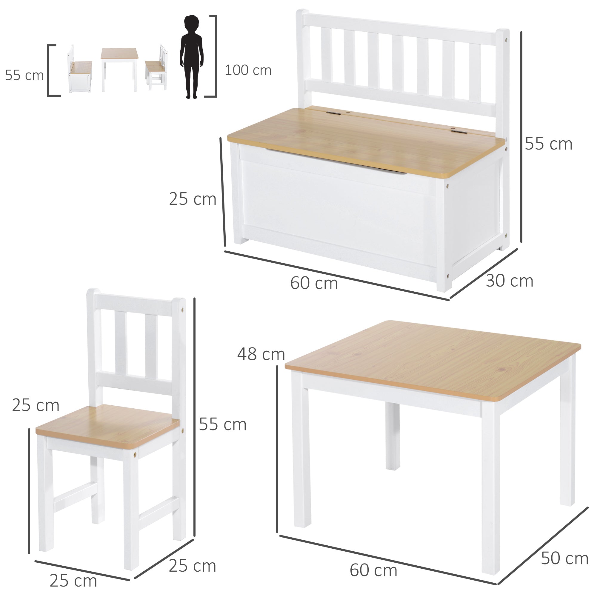 HOMCOM 4-Piece Kids Table and Chair Set with 2 Wooden Chairs, 1 Storage Bench, and Interesting Modern Design, Natural/White