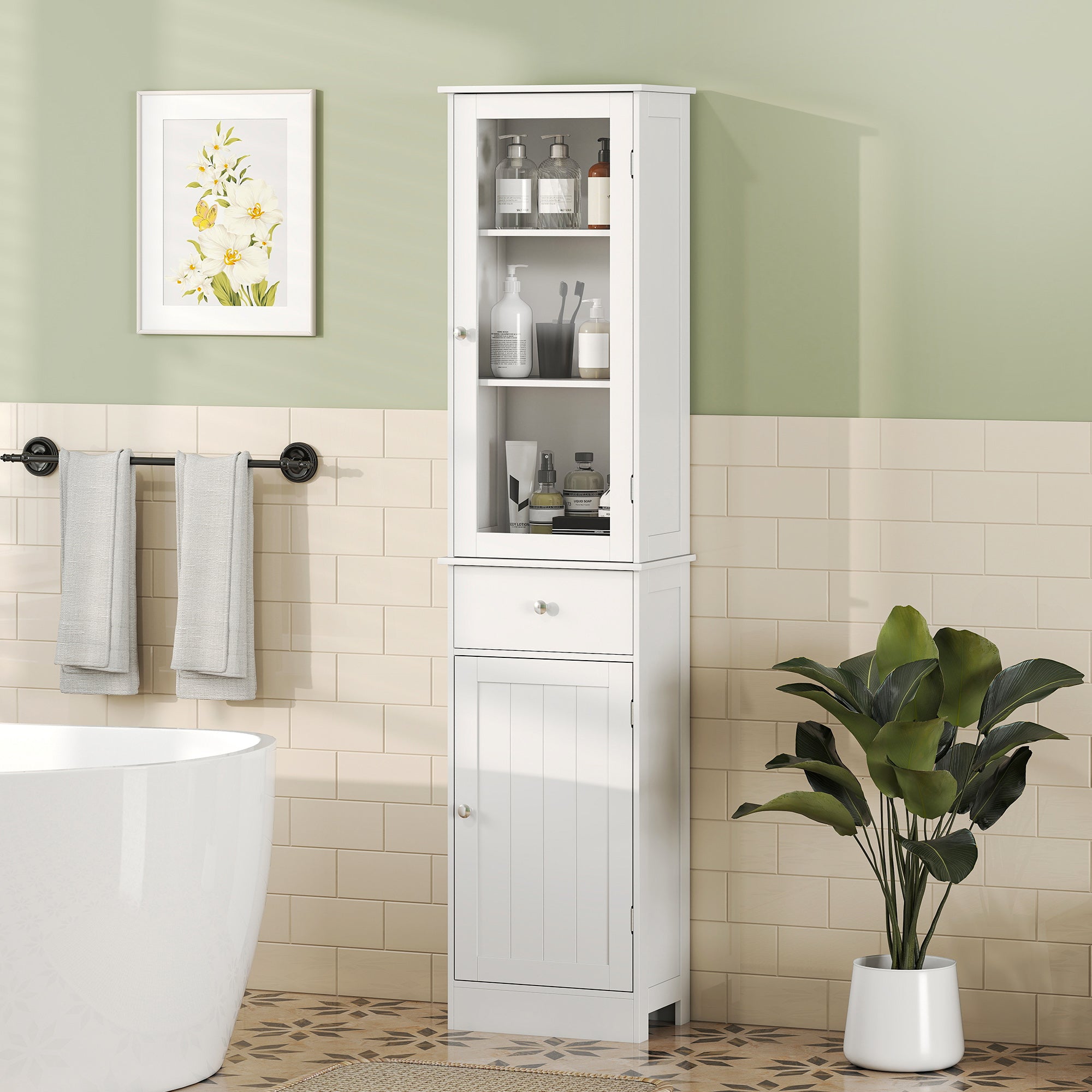 kleankin Bathroom Storage Cabinet with 3-tier Shelf Drawer Door, Floor Cabinet Free Standing Tall Slim Side Organizer Shelves, White